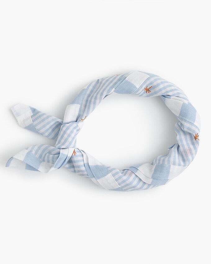 j.crew: striped bandana with palm trees for women, right side, view zoomed