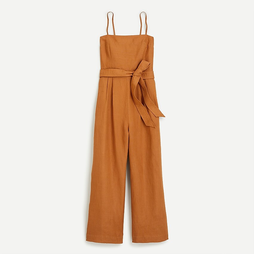 j.crew: tie-waist linen jumpsuit for women, right side, view zoomed