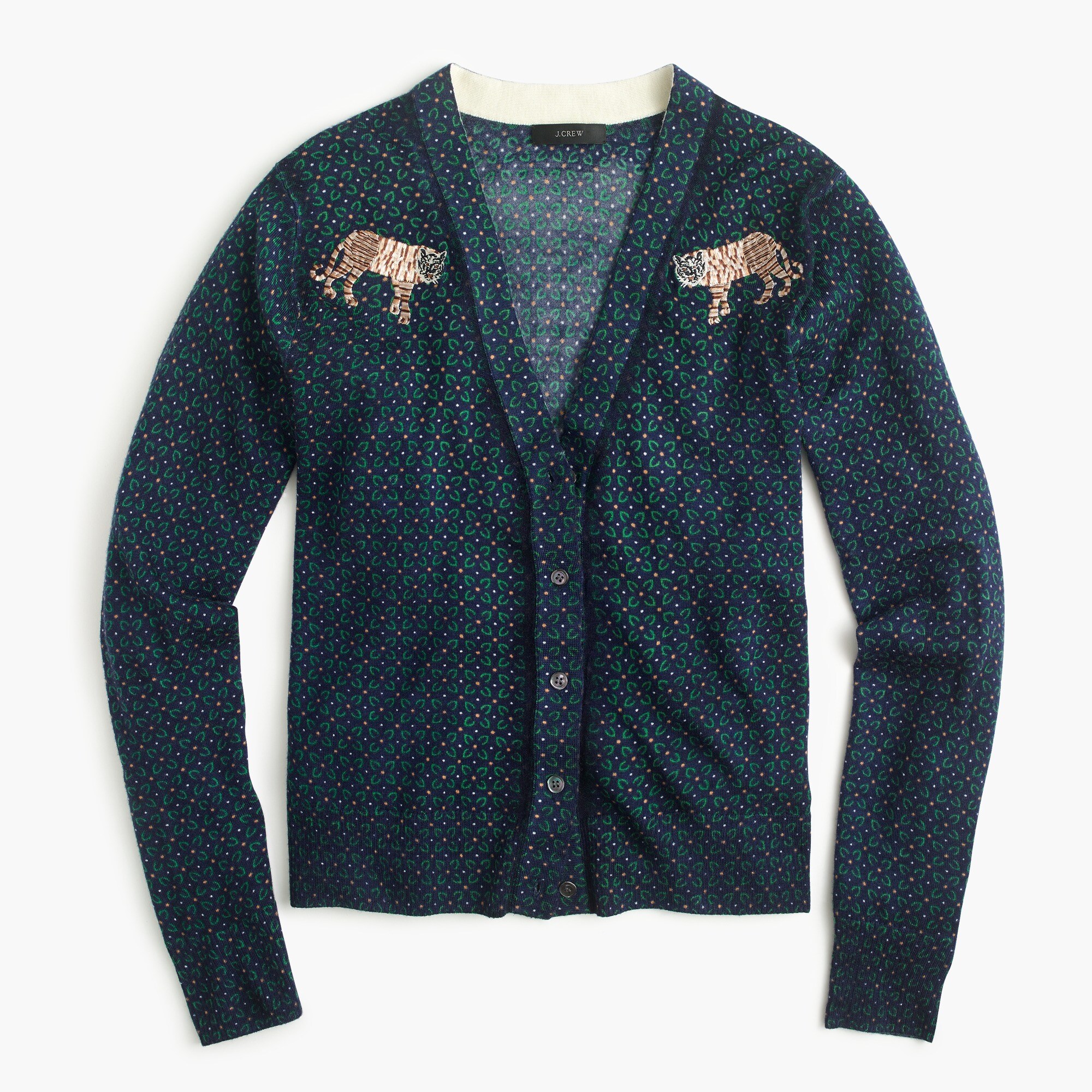 Mens-y cardigan sweater with tiger patch