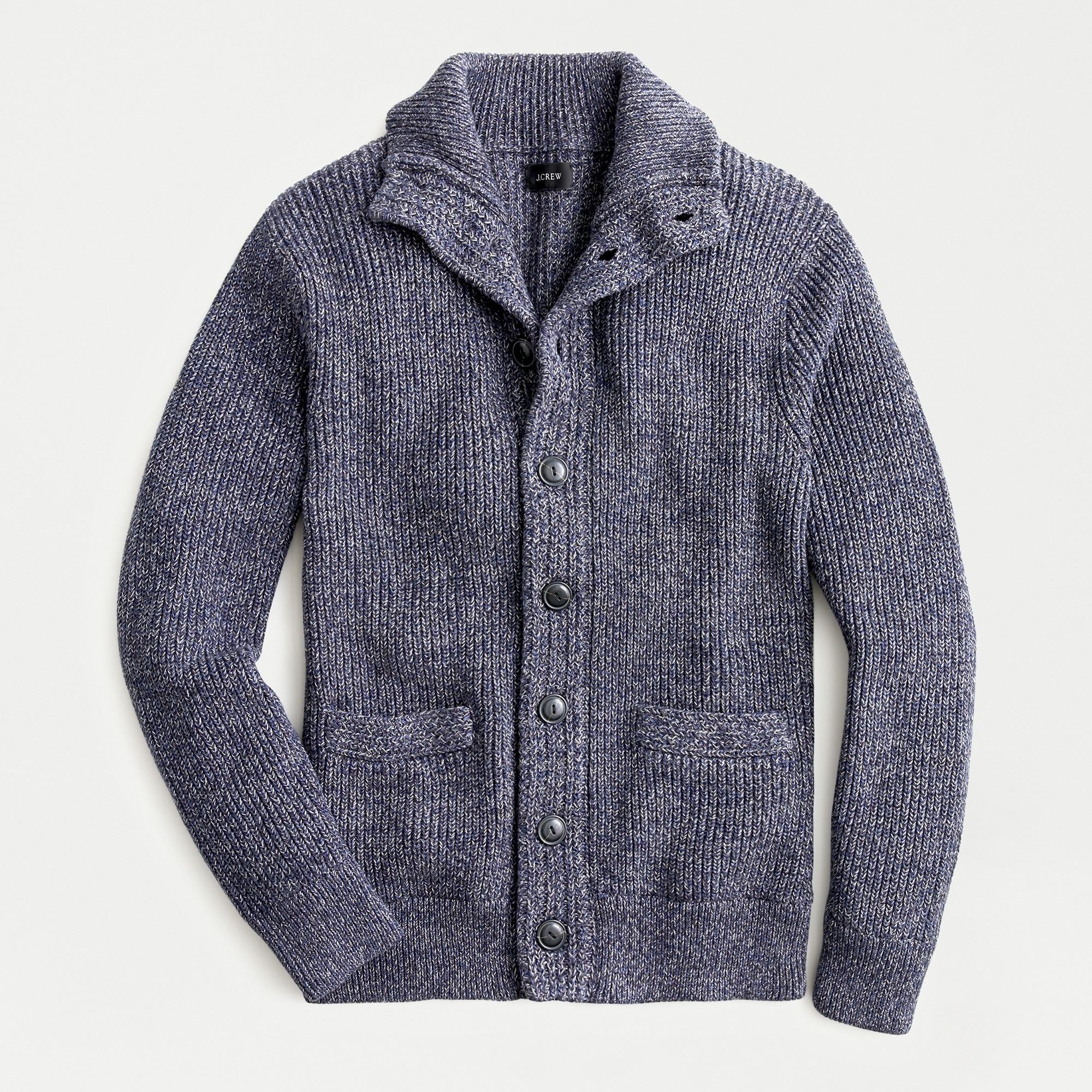 Marled cotton mockneck cardigan sweater