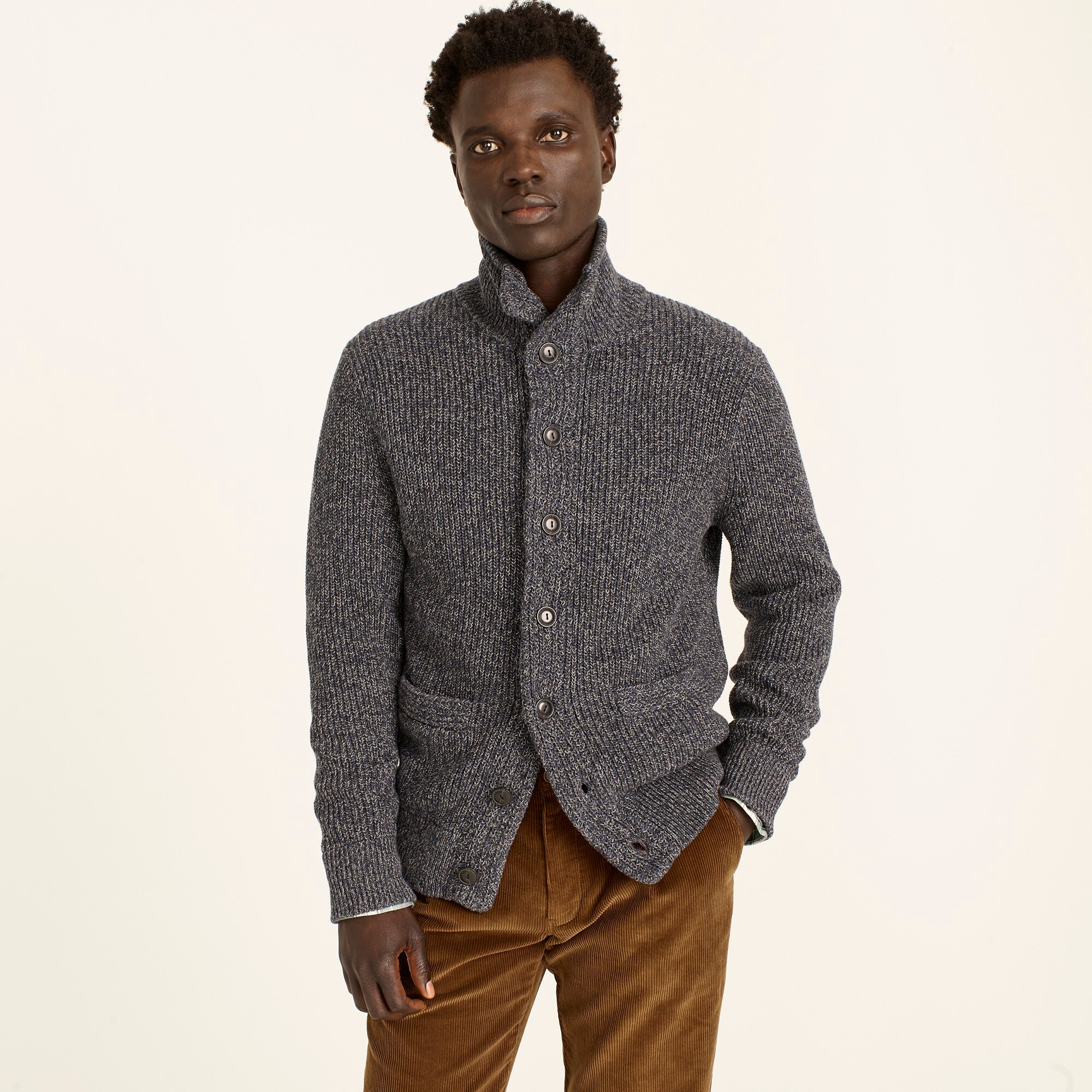 marled cotton mockneck cardigan sweater