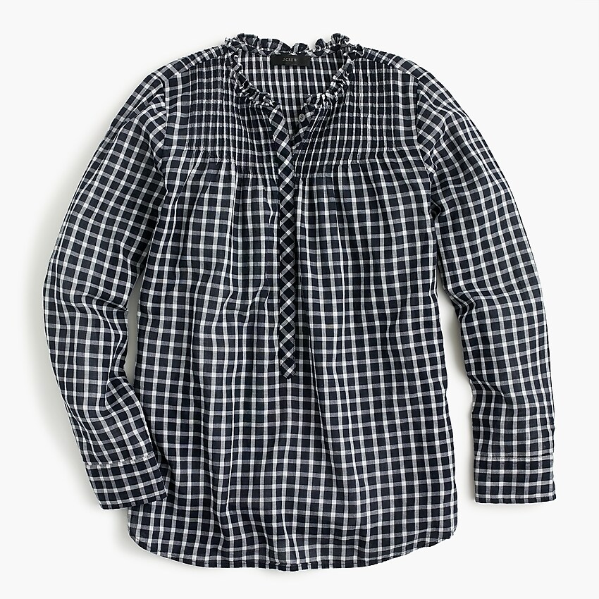 j.crew: ruffle classic popover shirt in mini windowpane for women, right side, view zoomed