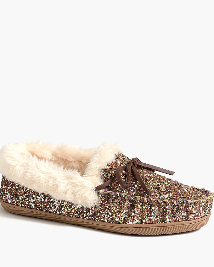 factory: glitter faux-shearling slippers for women, right side, view zoomed
