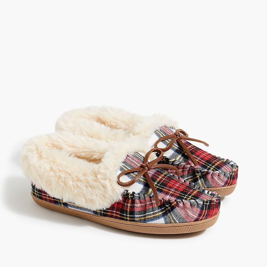factory: tartan plaid faux-shearling moccasin slippers for women, right side, view zoomed