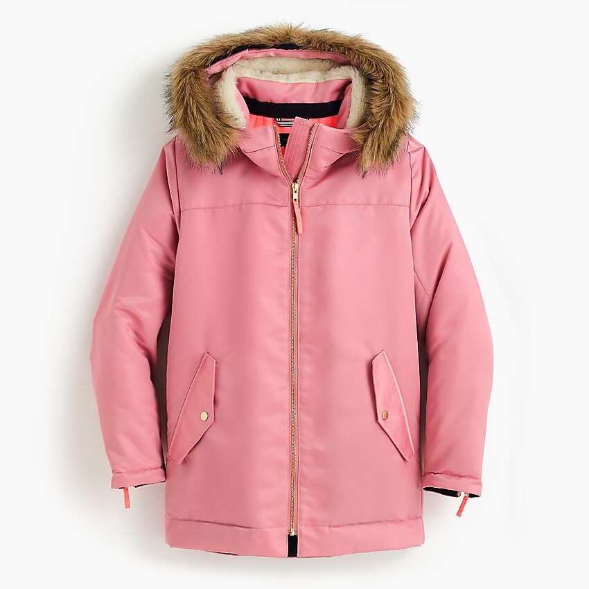 j.crew: pink parka with quilted lining for women, right side, view zoomed