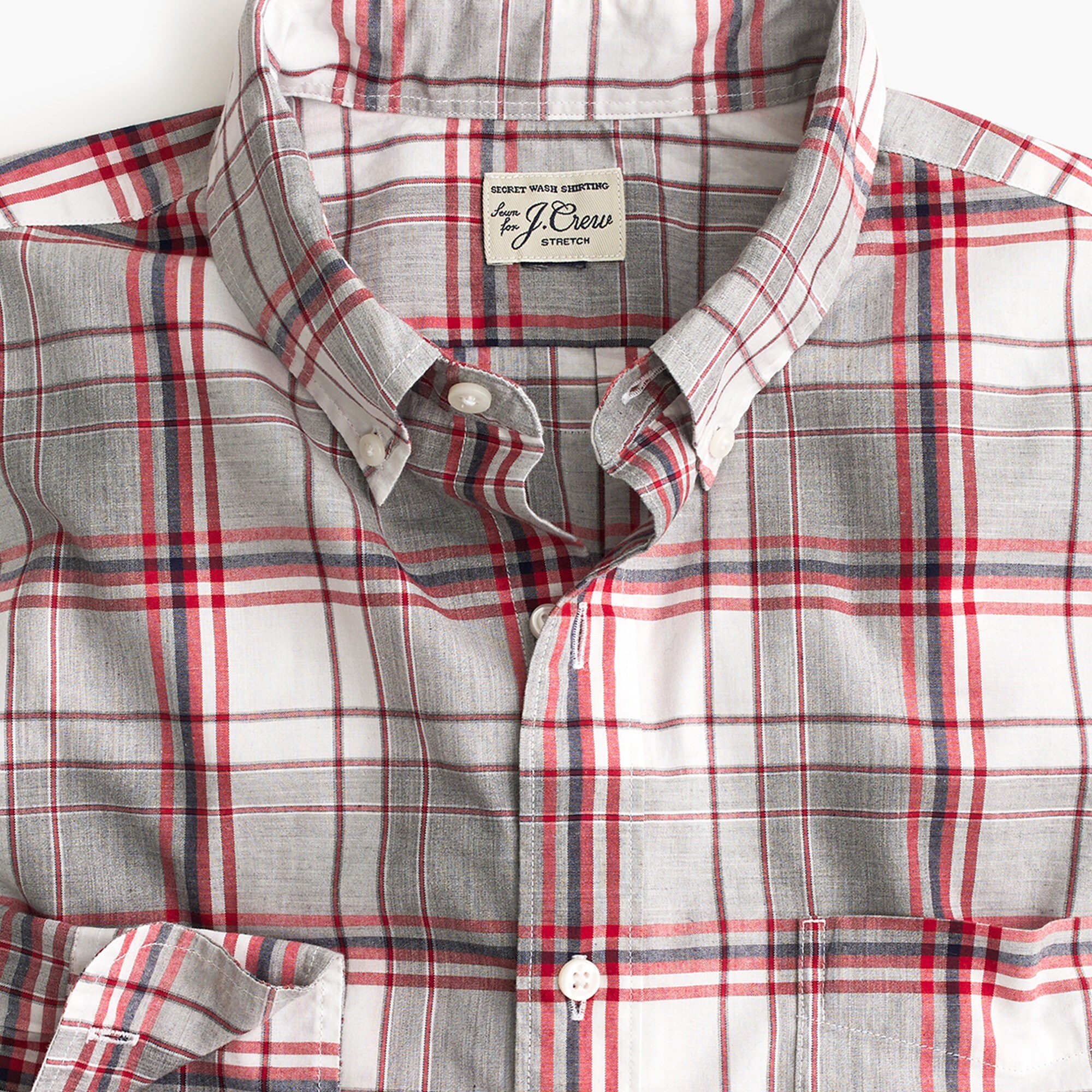 Stretch Secret Wash shirt in heather poplin grey and red plaid
