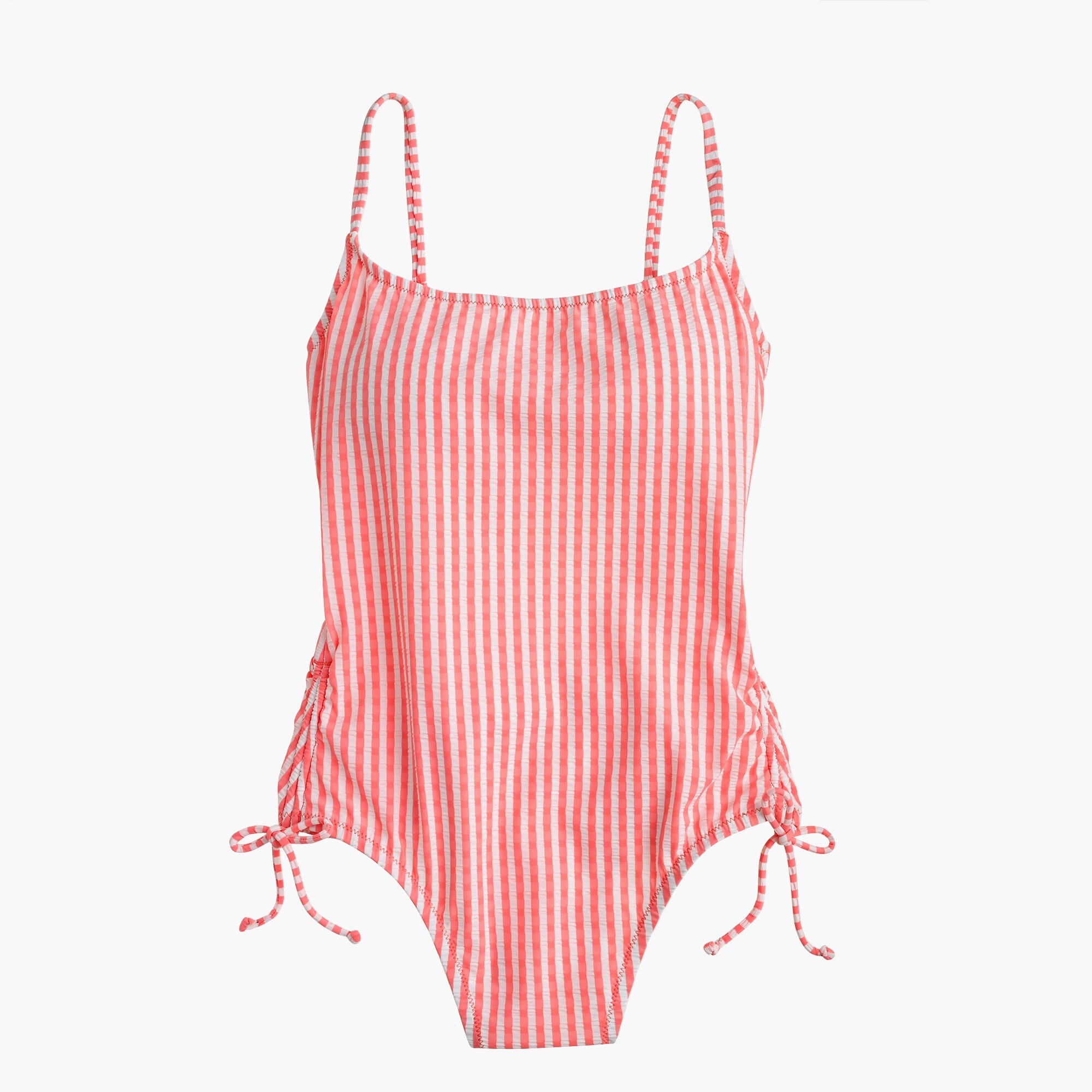 Drawstring ruched one-piece in suckered stripe