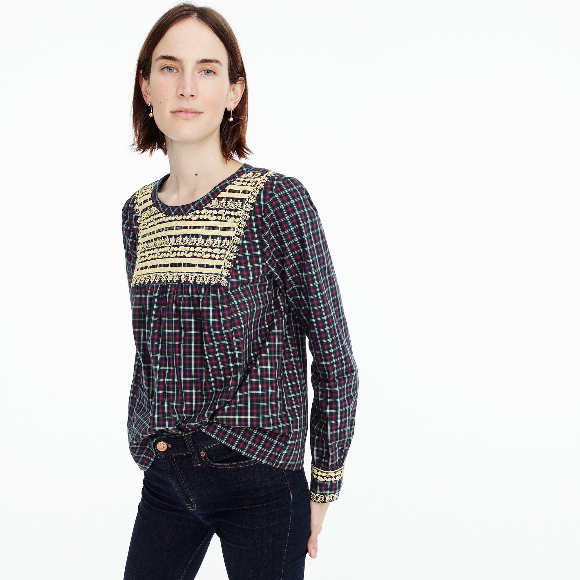 Embroidered peasant top in plaid Women just in J.Crew