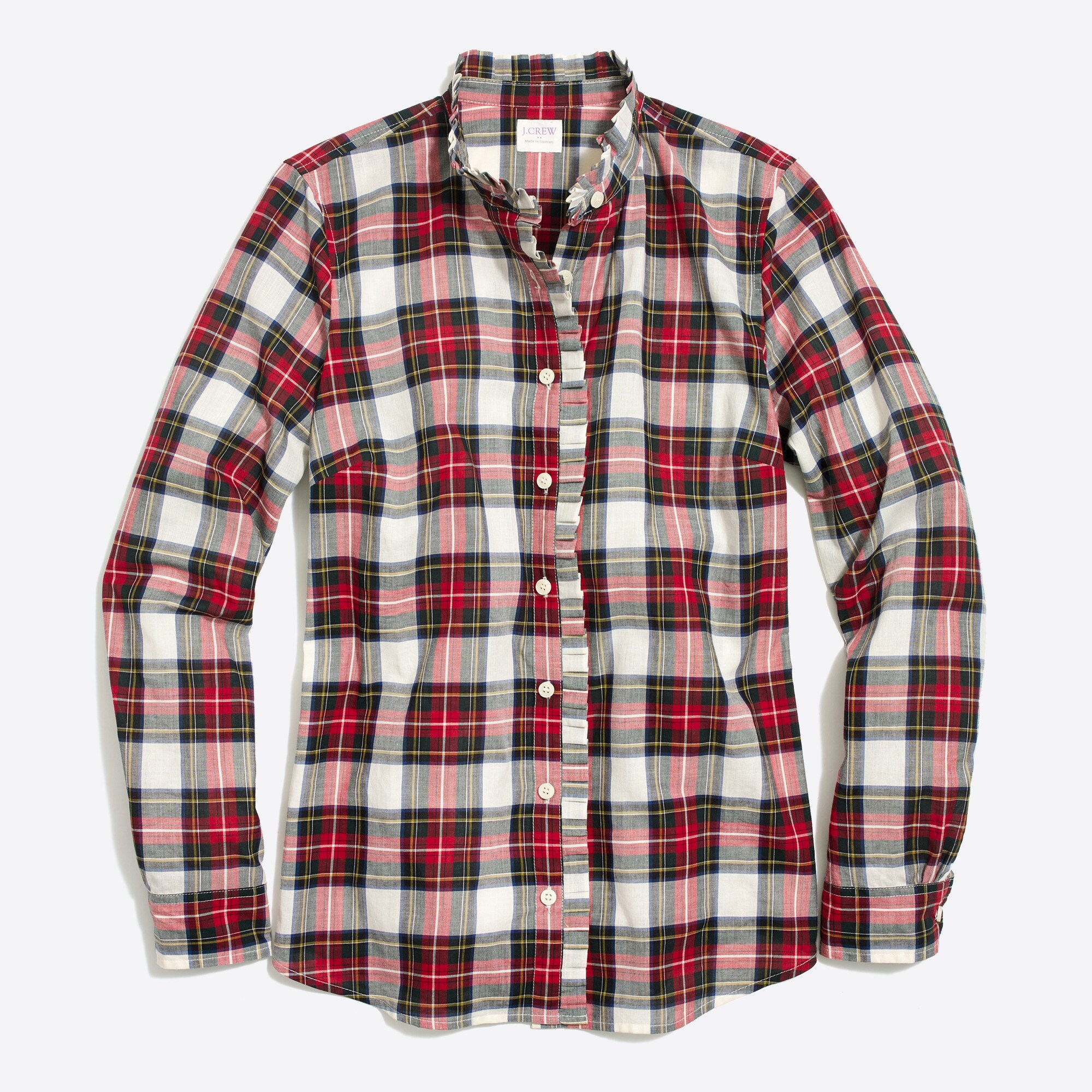 Ruffle-front plaid shirt