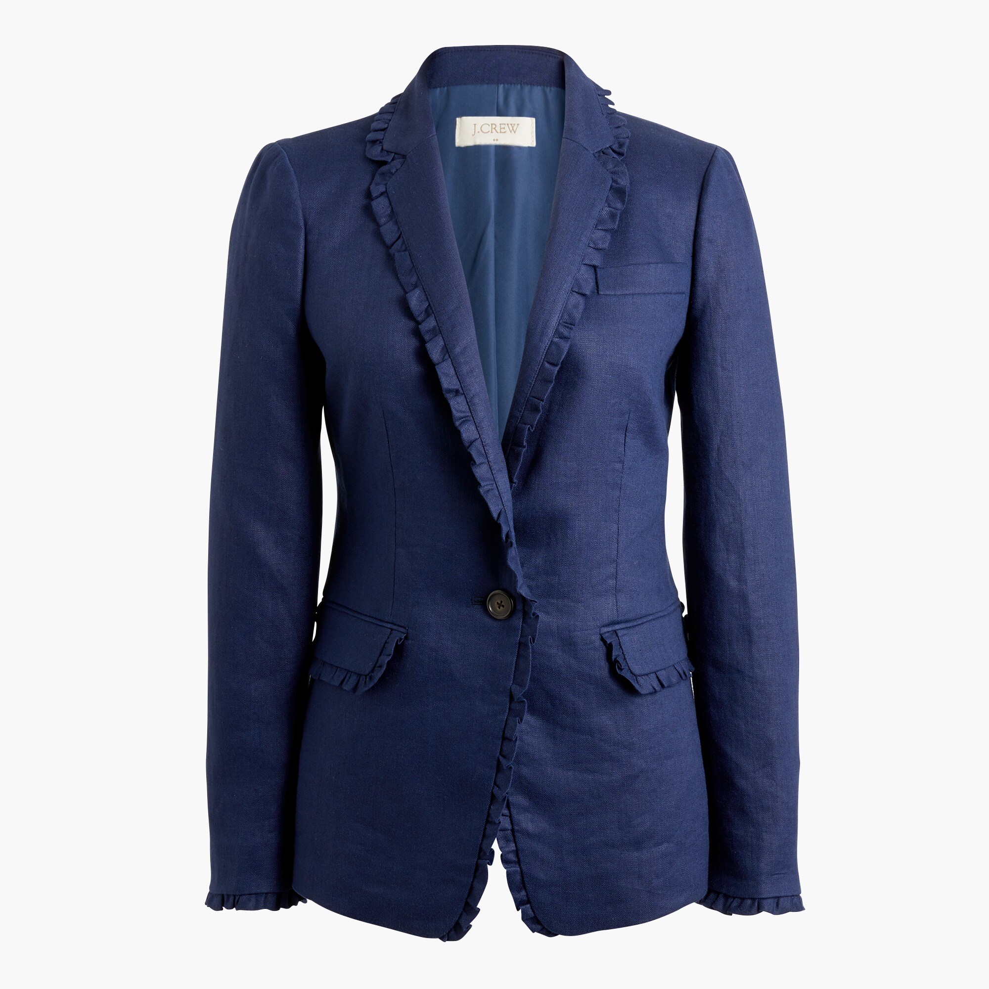 linen blazer with ruffle trim for women