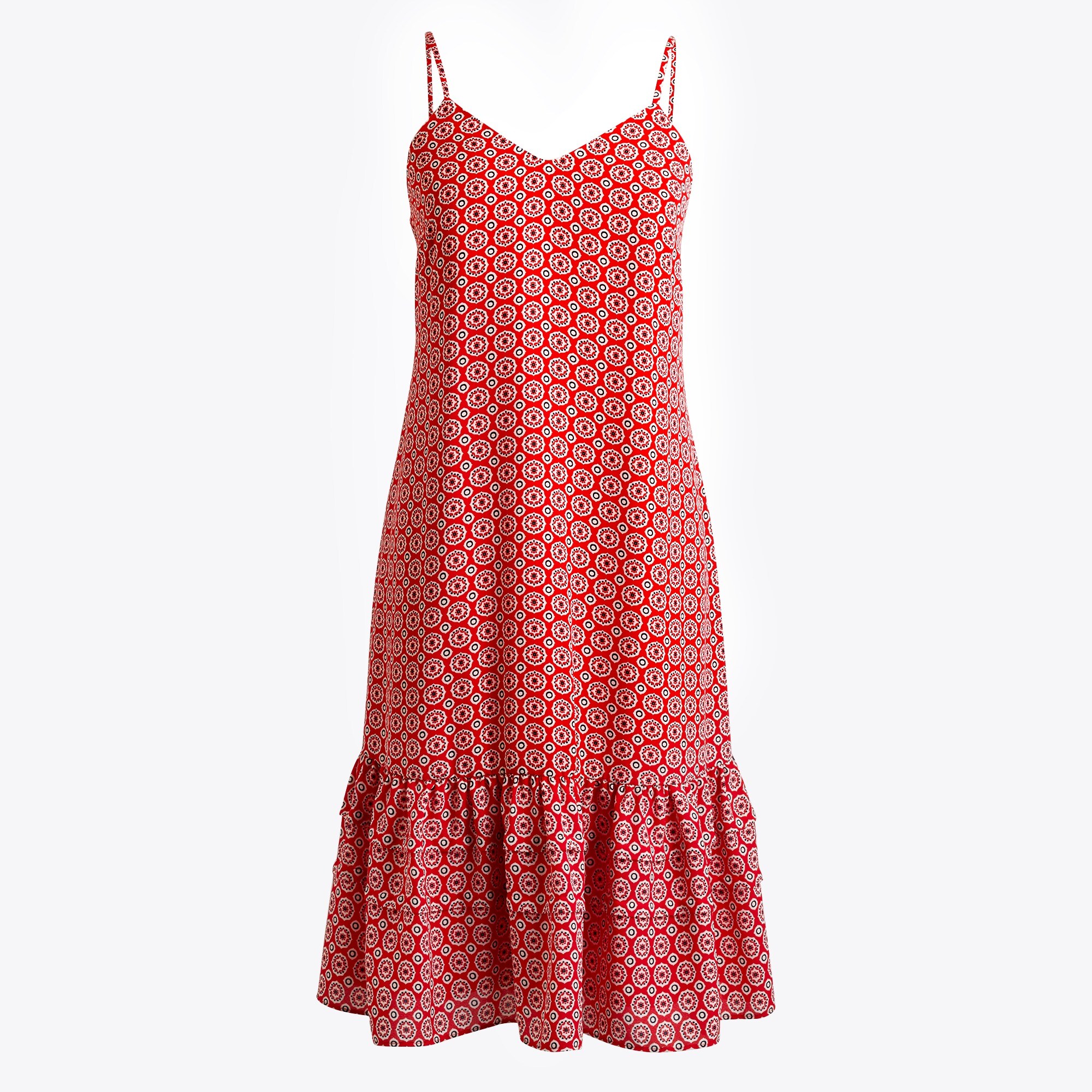 Printed ruffle-hem spaghetti strap dress