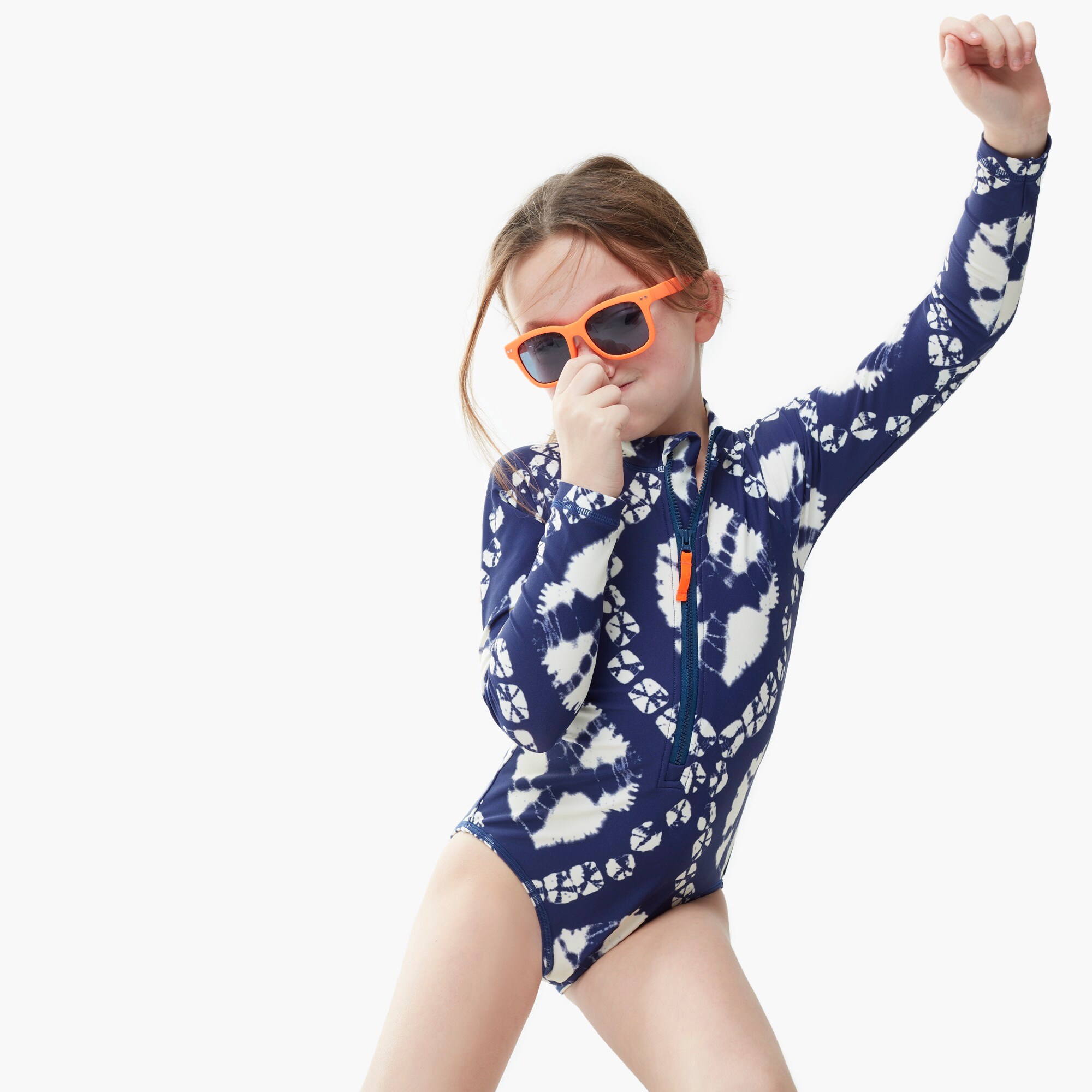 Girls&apos; long-sleeve one-piece swimsuit in tie-dye with UPF 50