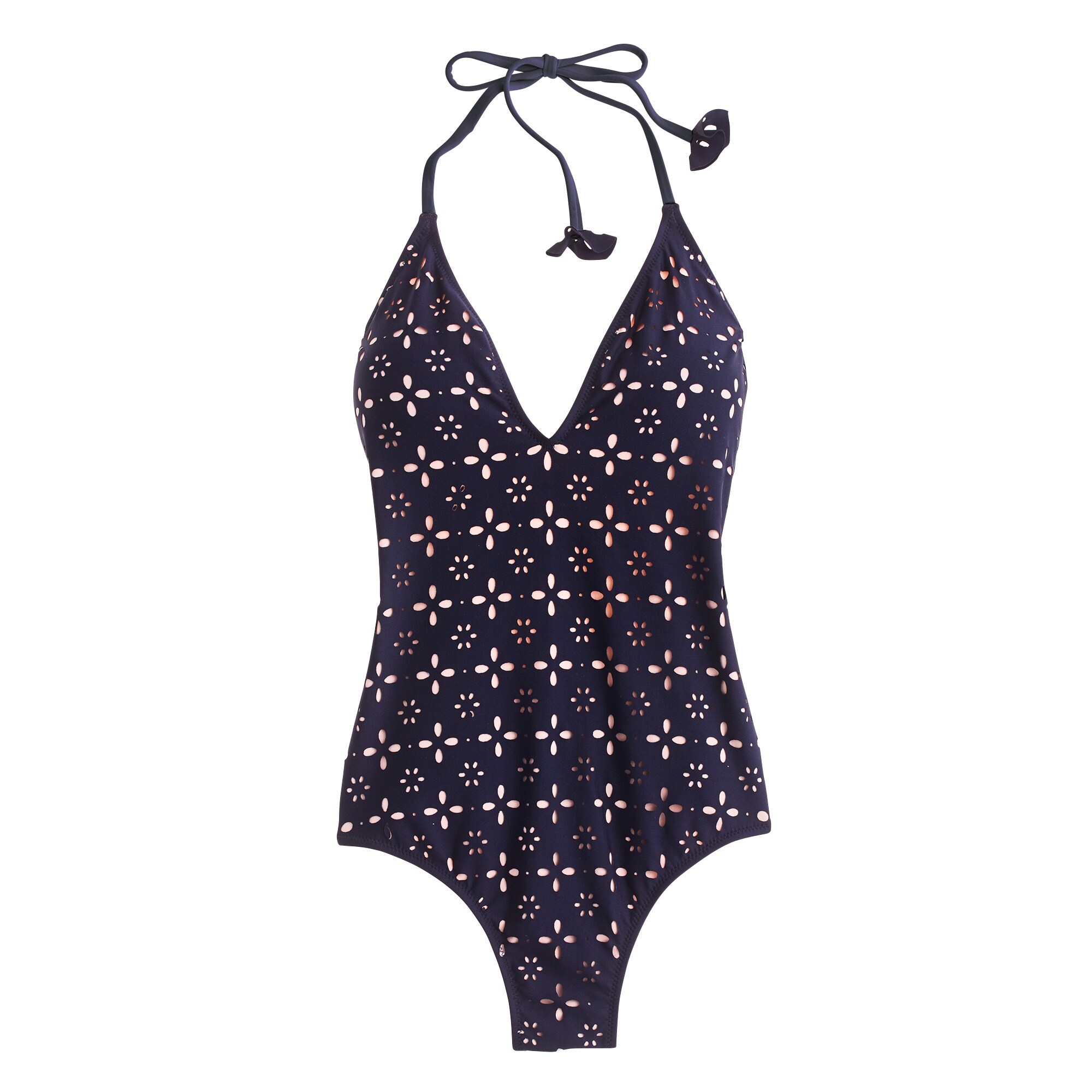 Halter one-piece swimsuit in laser-cut eyelet