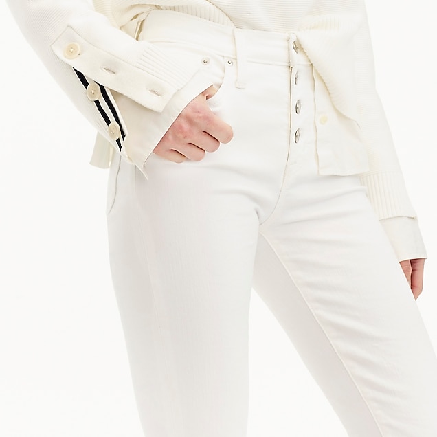 9" high-rise toothpick jean in white with button fly : women your white denim destination