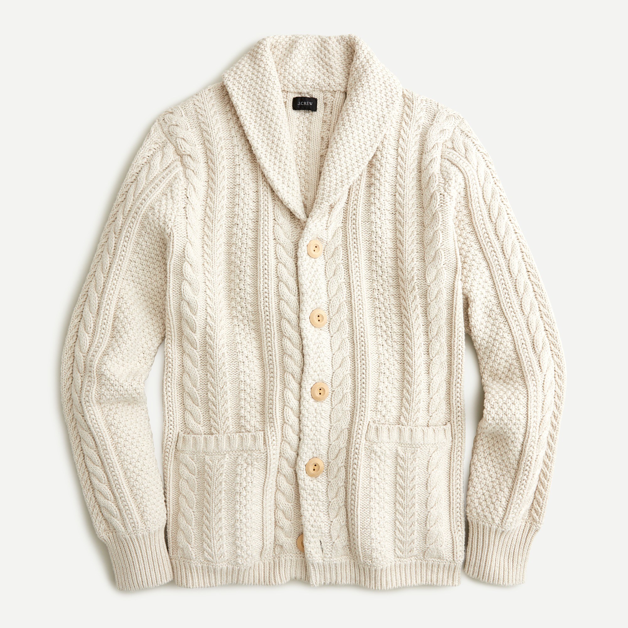 Shawl-collar cotton cable-knit cardigan