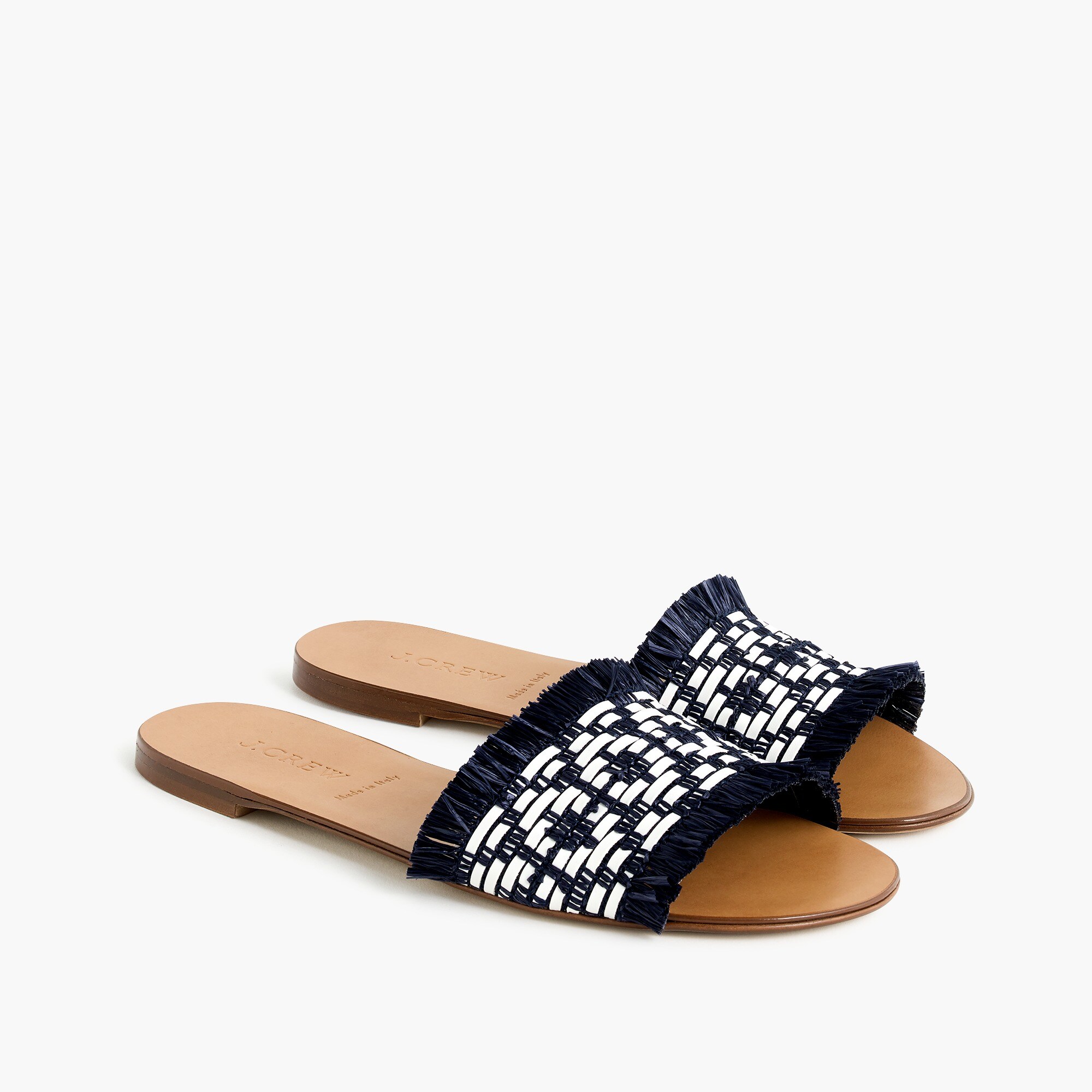 Slide sandals in navy-and-white raffia