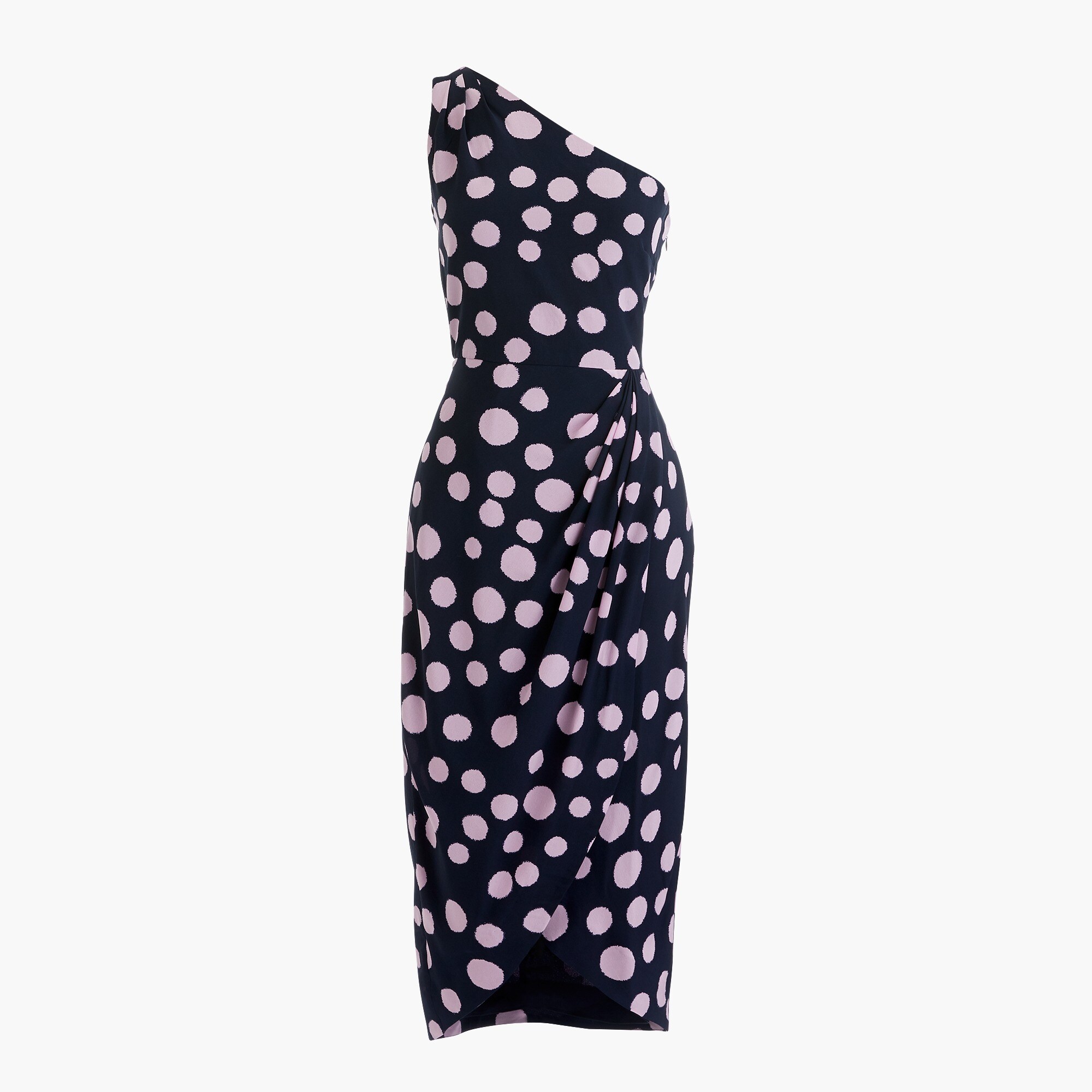 Silk one-shoulder dress in polka dot