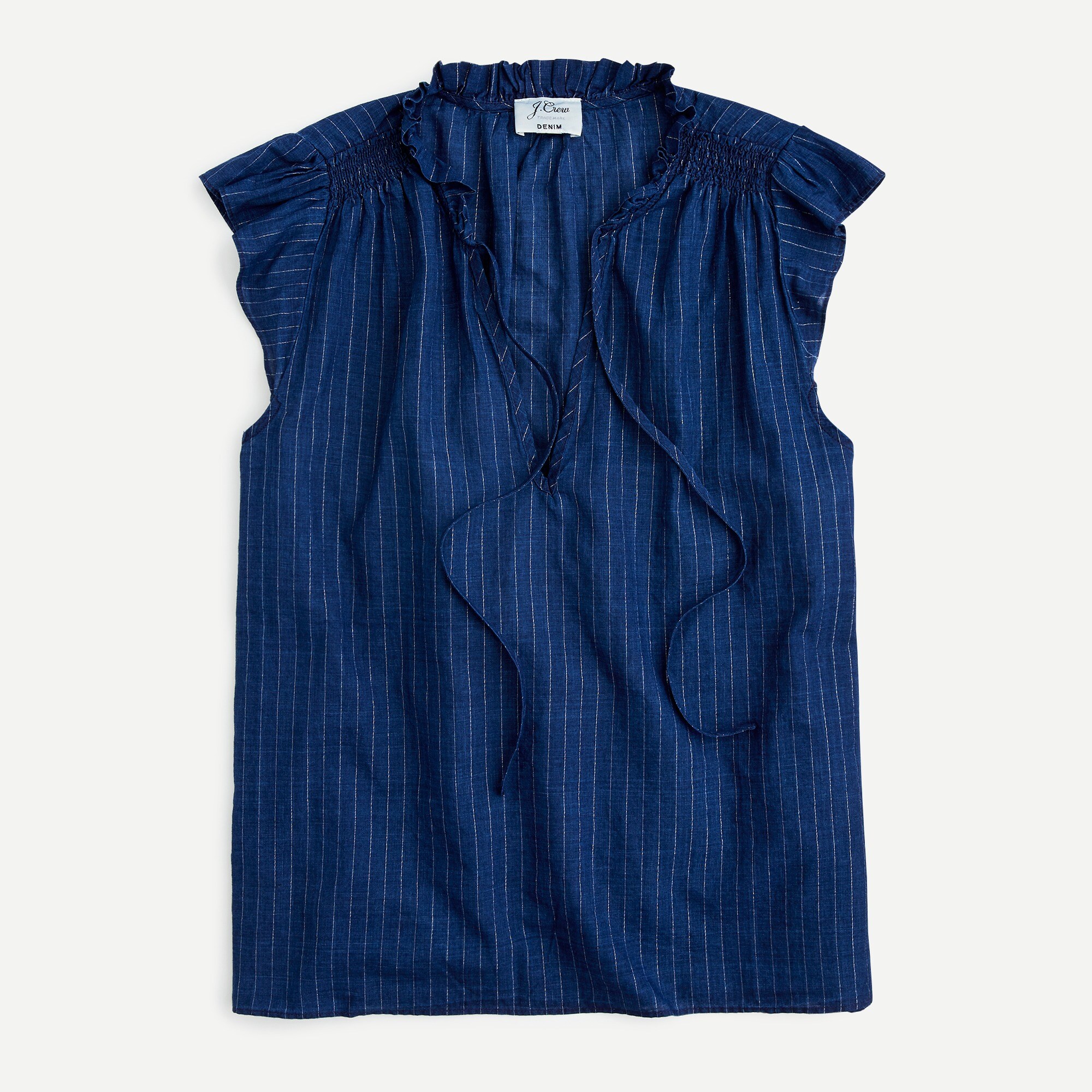 Sleeveless tie-neck top in metallic pinstripe voile