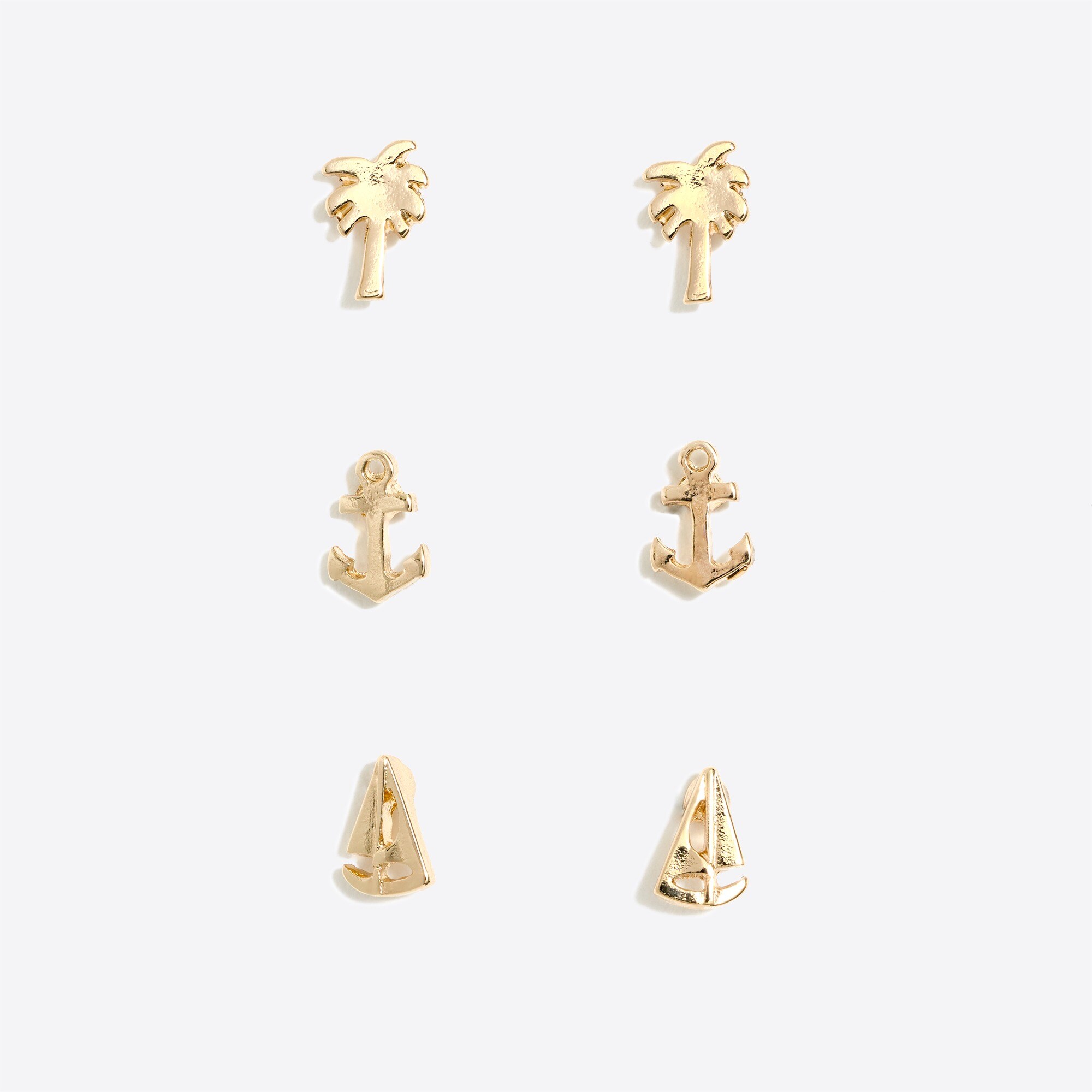 Sailboat, anchor and palm tree stud earring set of three