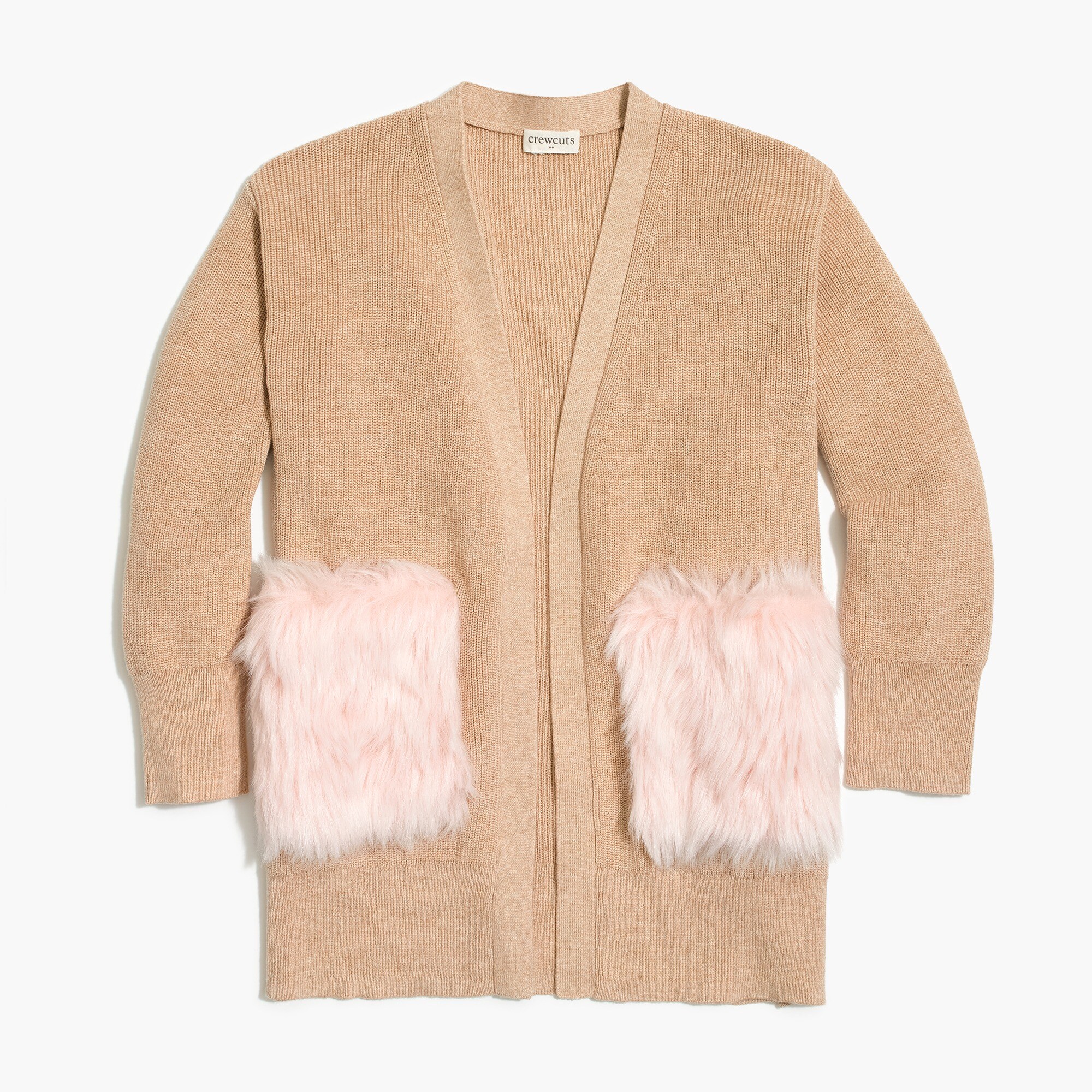 Girls' long cardigan sweater with fur pockets
