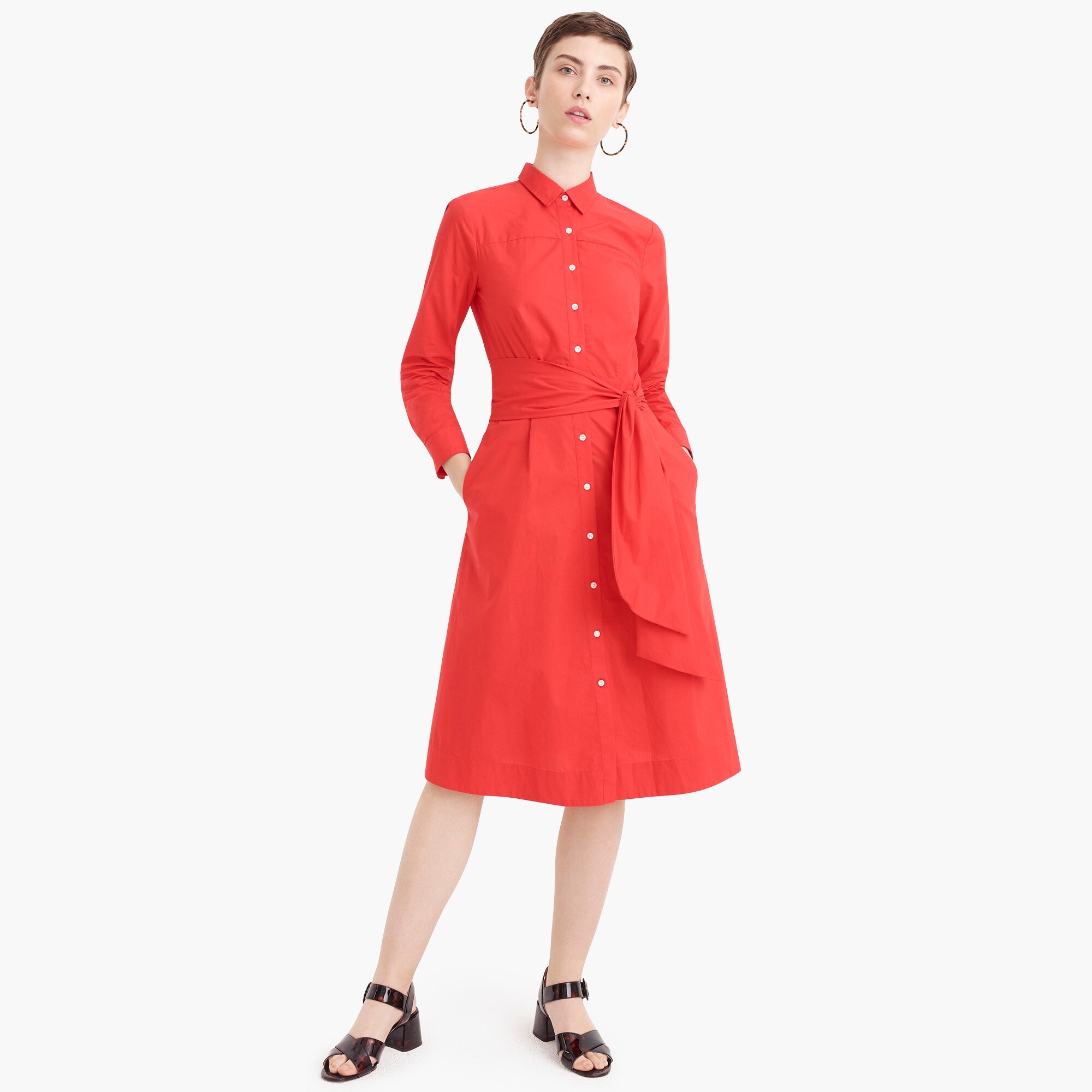 tie-waist shirtdress in cotton poplin - women's dresses, right side, view zoomed