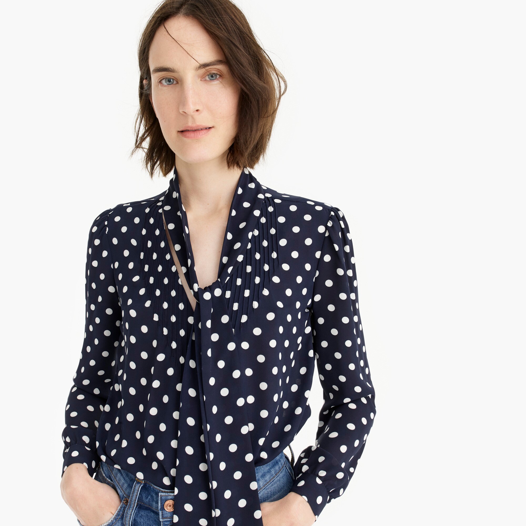 drapey tie-neck top in polka dot - women's shirts, right side, view zoomed