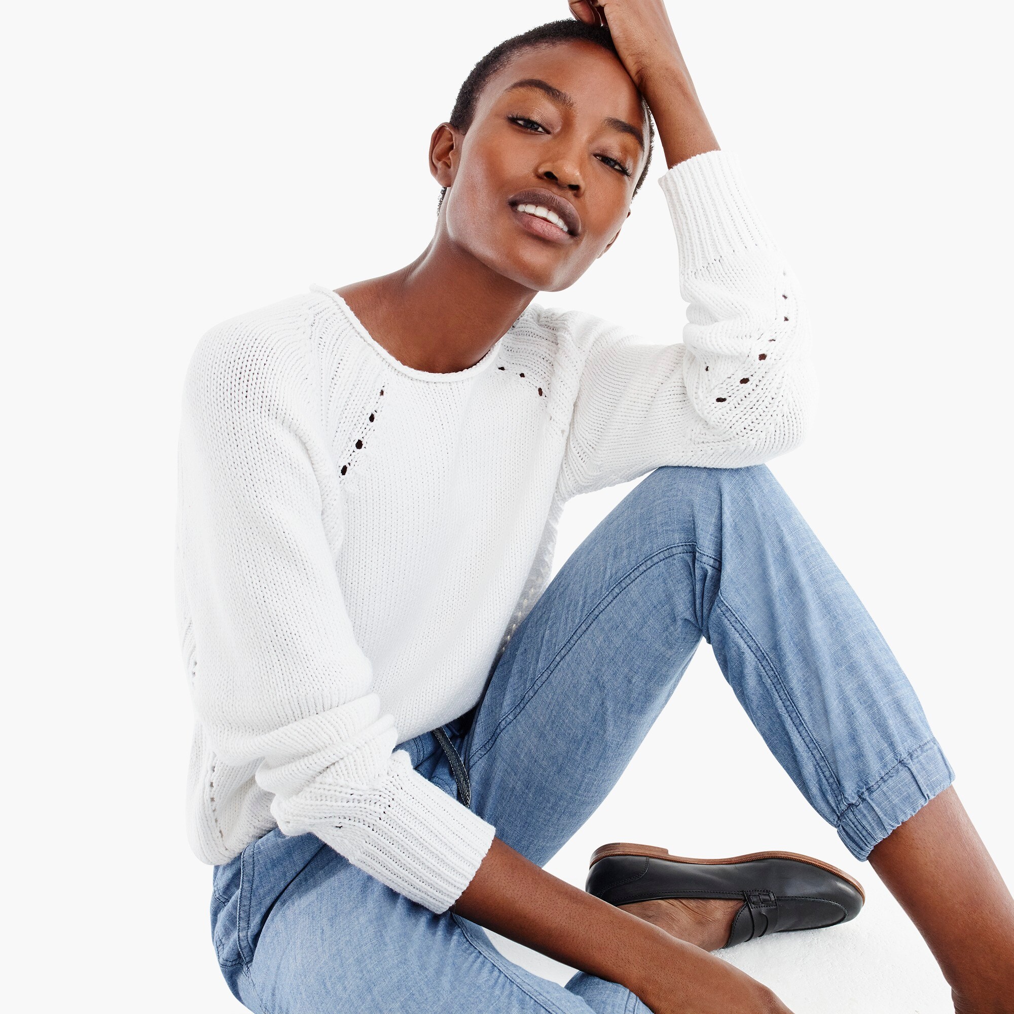 cotton pullover sweater with pointelle stitching : women just in