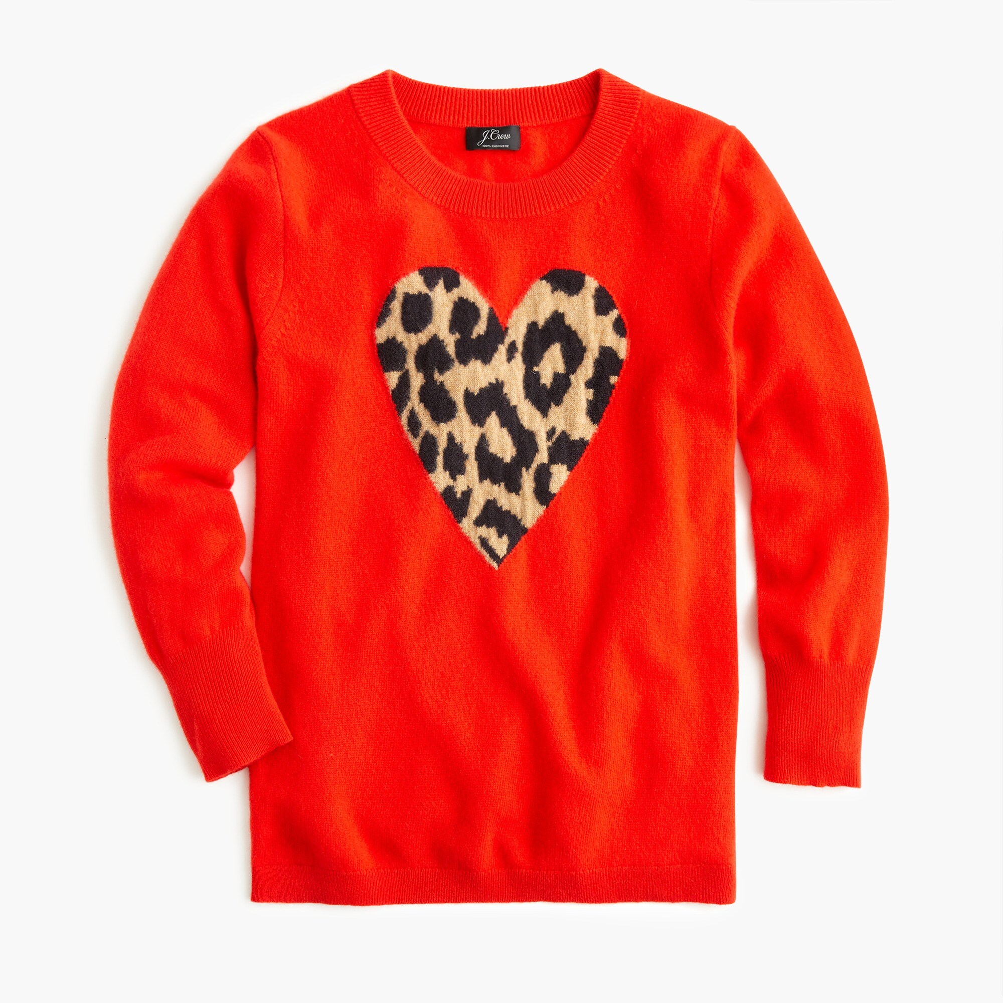 Everyday cashmere crewneck sweater with leopard heart