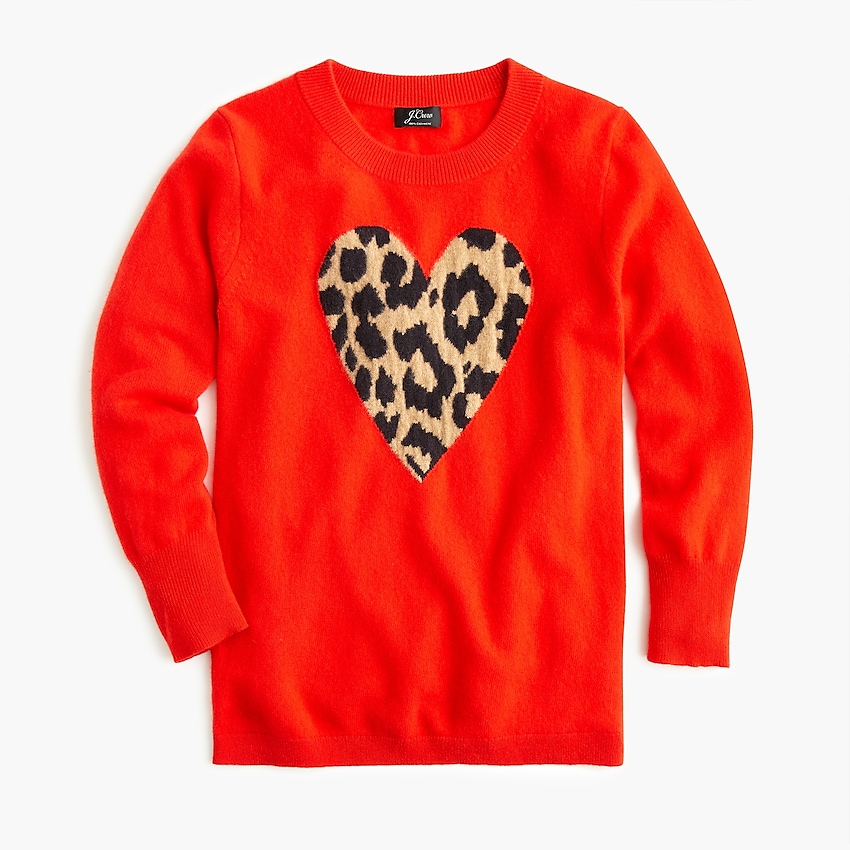 j.crew: everyday cashmere crewneck sweater with leopard heart for women, right side, view zoomed