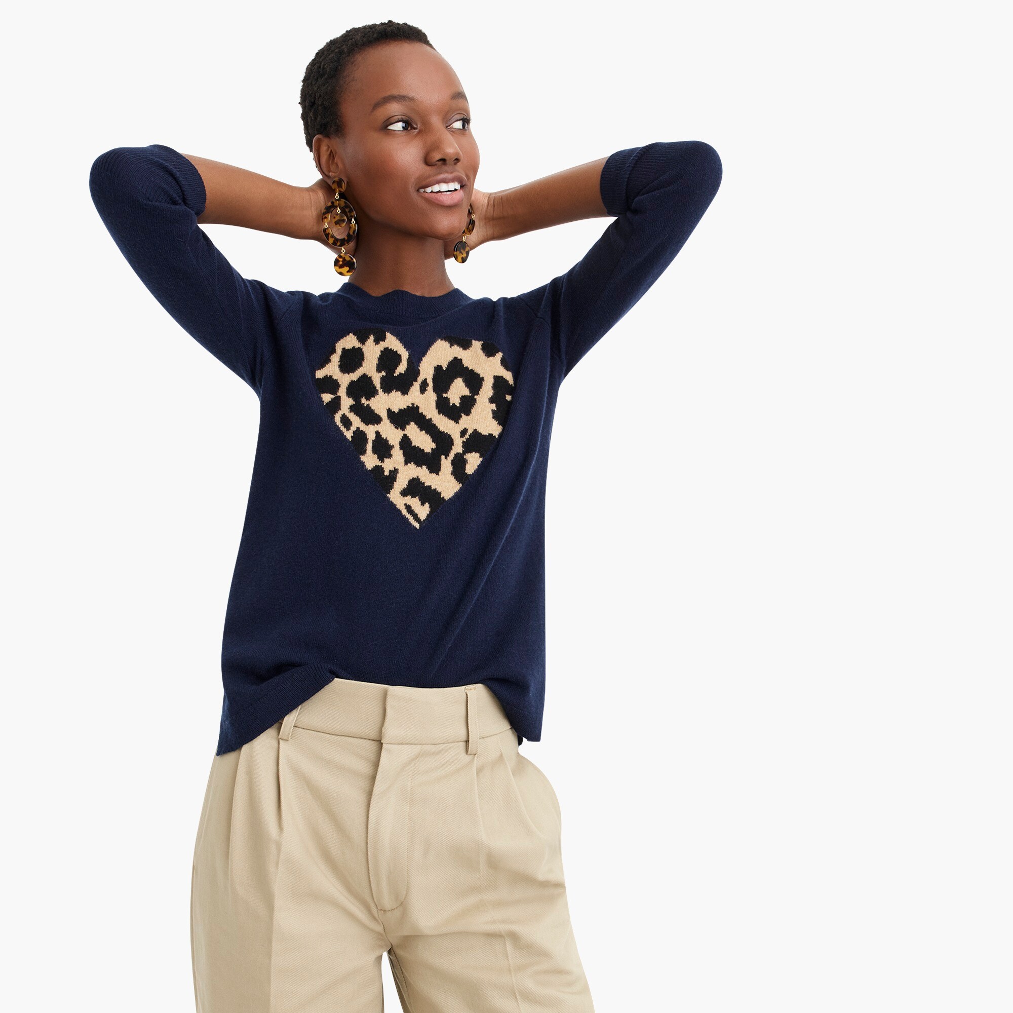 womens Everyday cashmere crewneck sweater with leopard heart