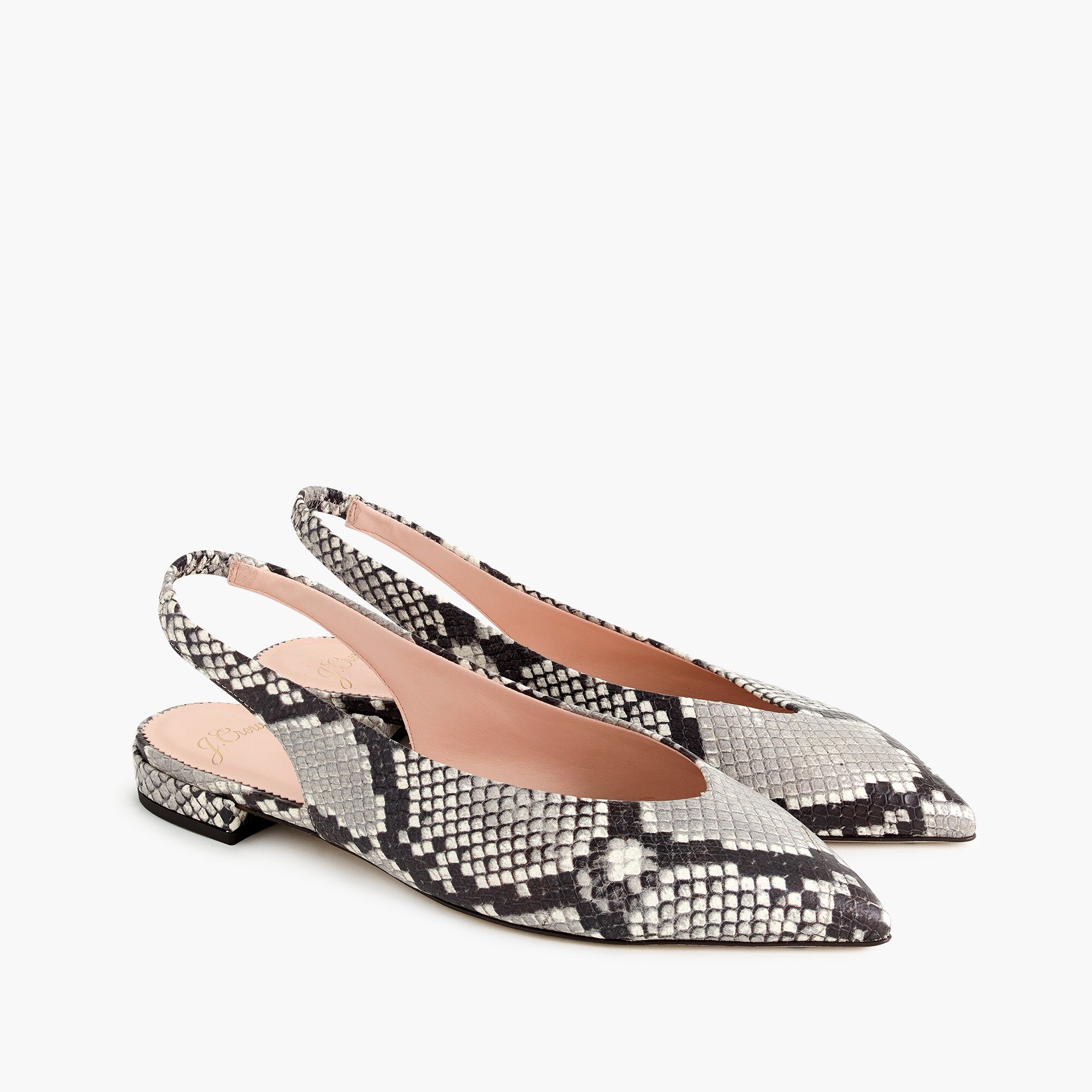 Pointed-toe slingback flats in faux snakeskin