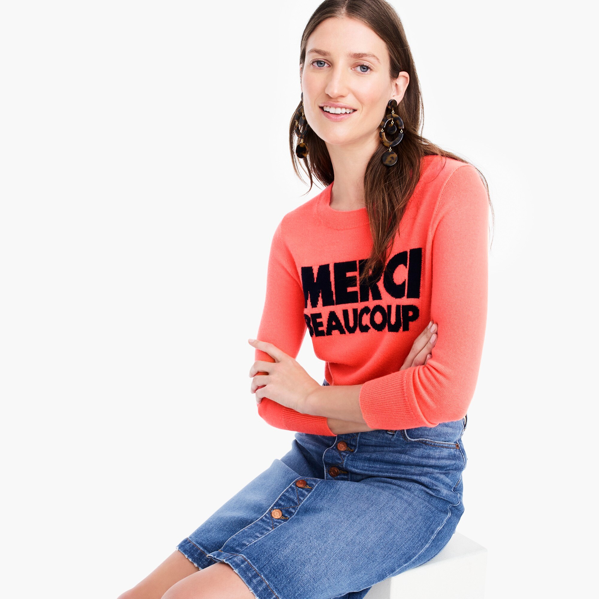womens Everyday cashmere crewneck sweater with "Merci Beaucoup"