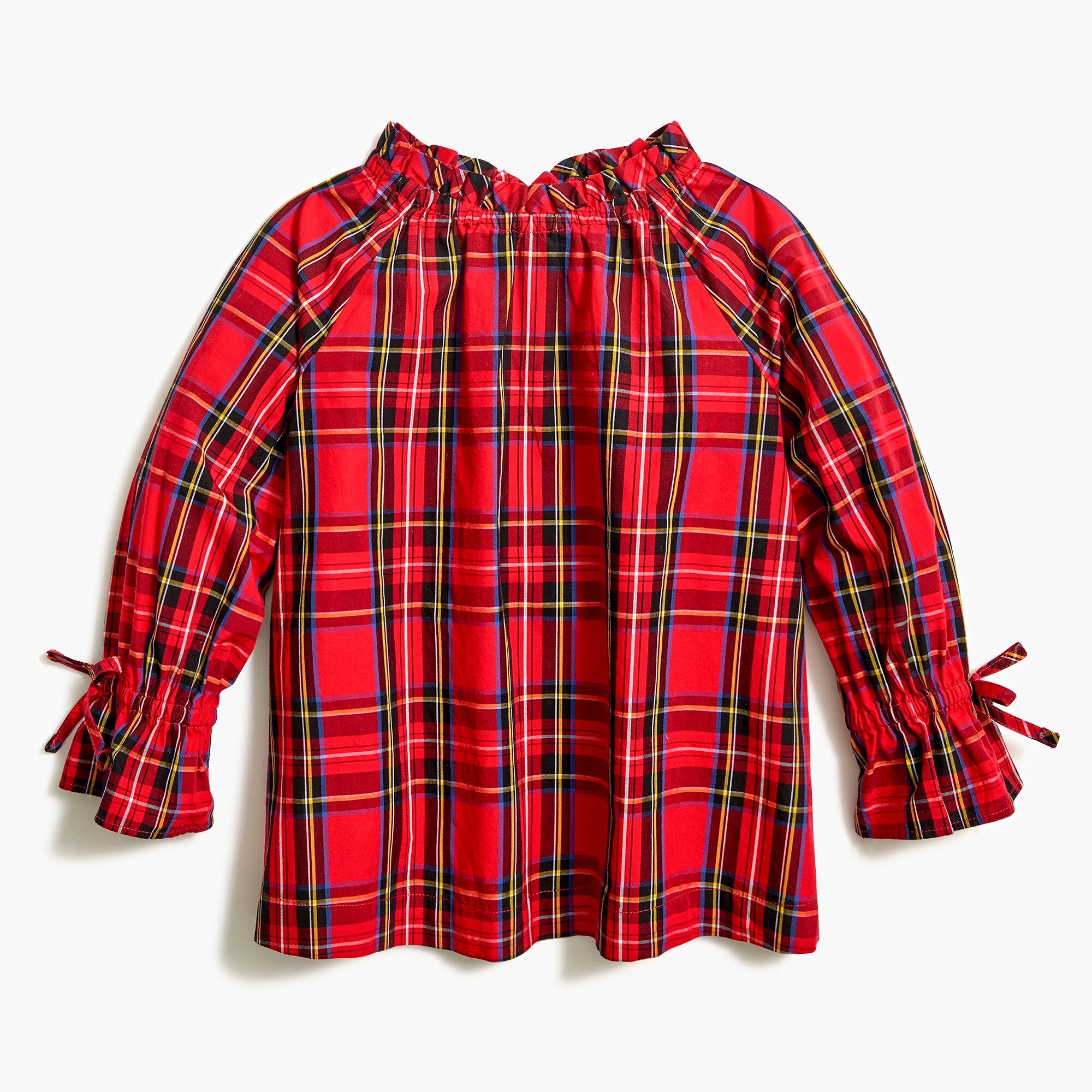girls' long-sleeve ruffle-neck top in holiday tartan for girls