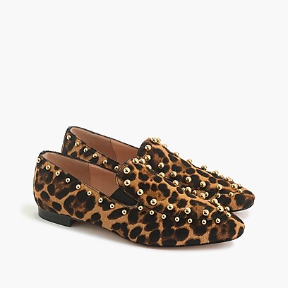 womens Gold-studded loafers in leopard calf hair