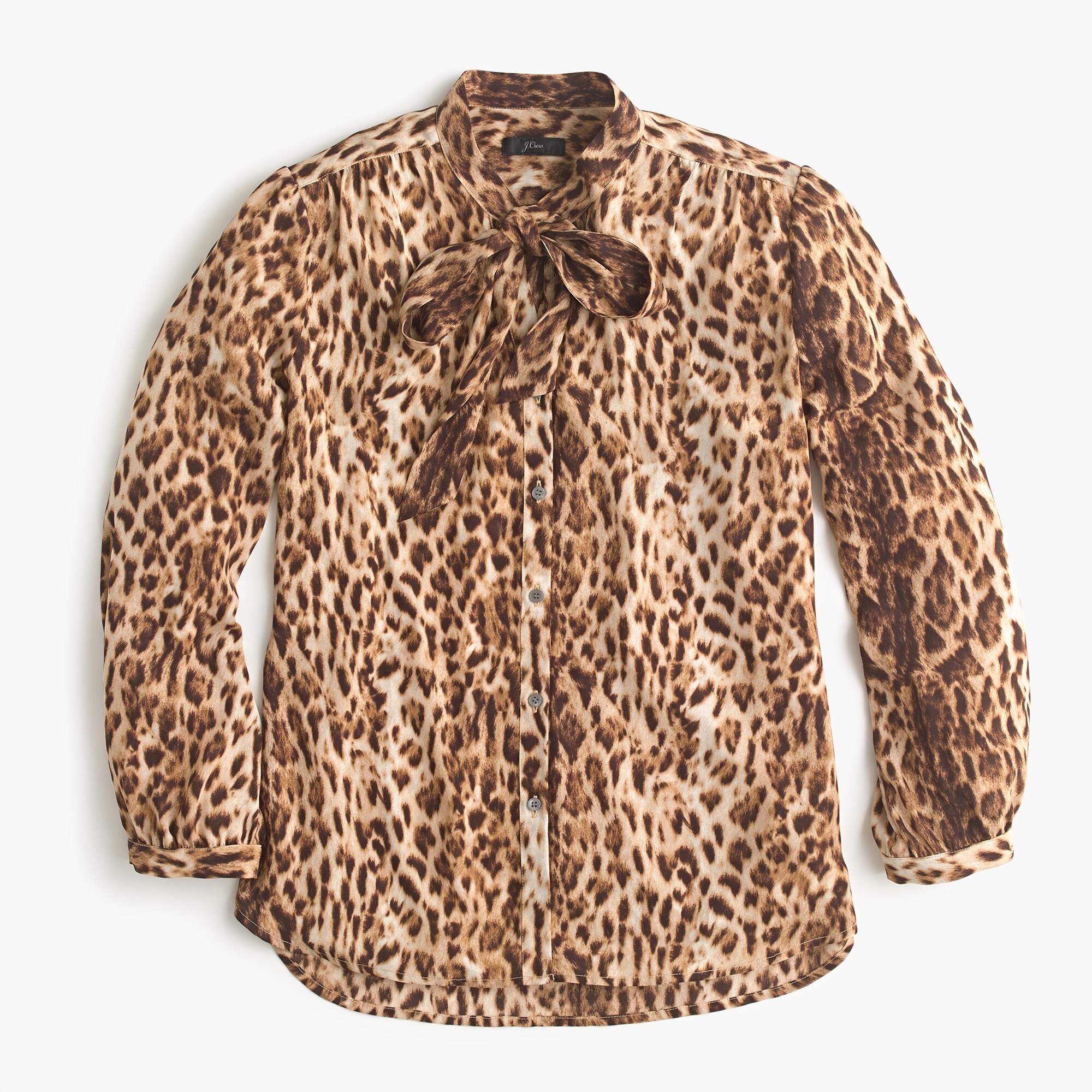 Tie-neck button-up shirt in leopard print