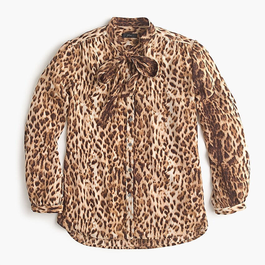 j.crew: tie-neck button-up shirt in leopard print for women, right side, view zoomed