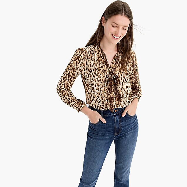 tie-neck button-up shirt in leopard print - women's shirts, right side, view zoomed