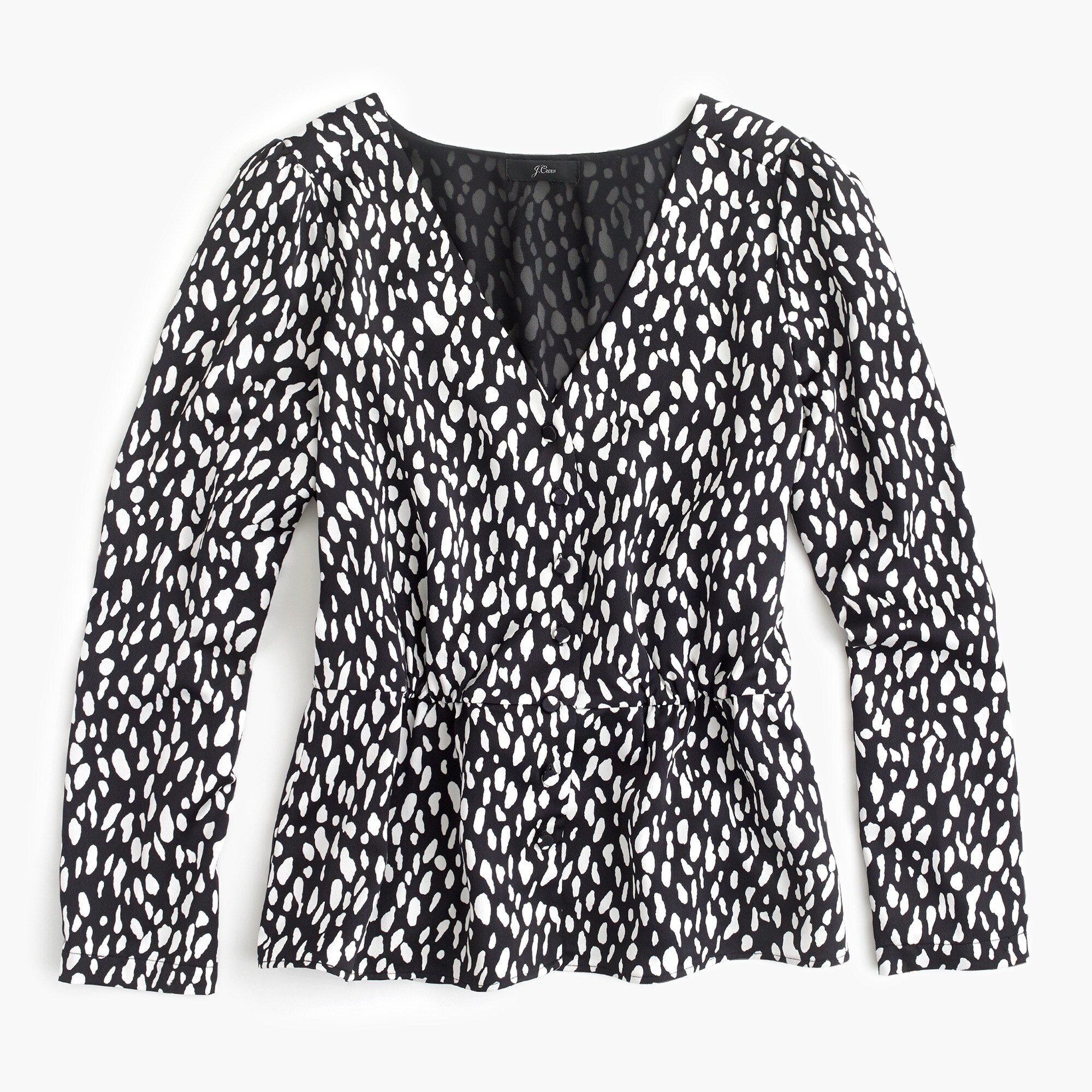 Long-sleeve peplum top in printed satin-crepe