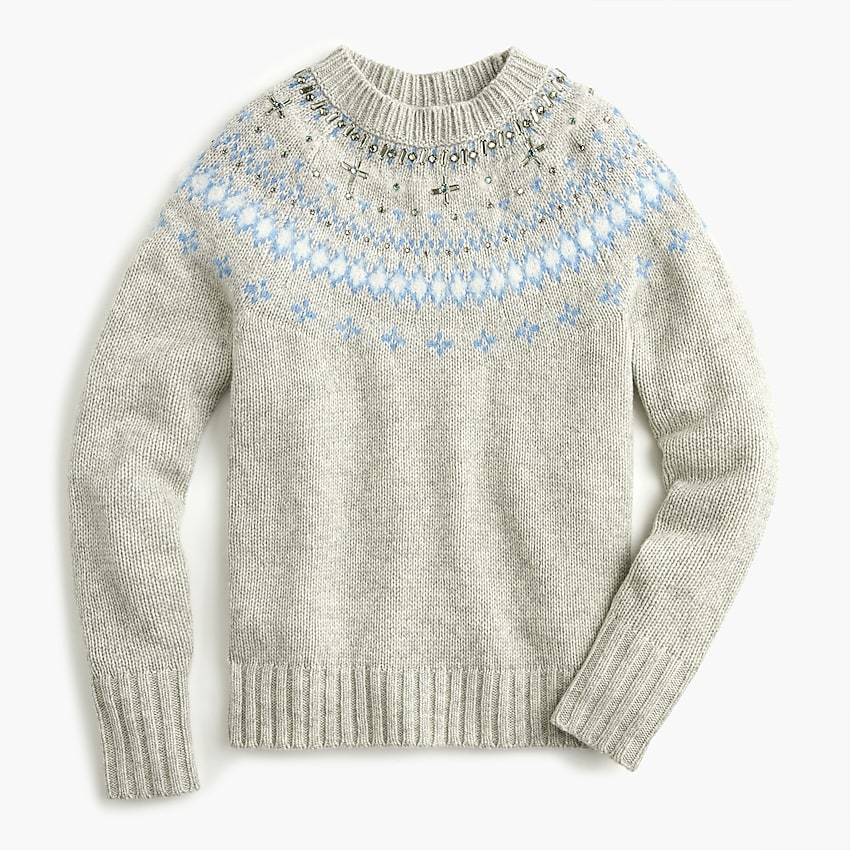 j.crew: jeweled embellished fair isle crewneck sweater for women, right side, view zoomed