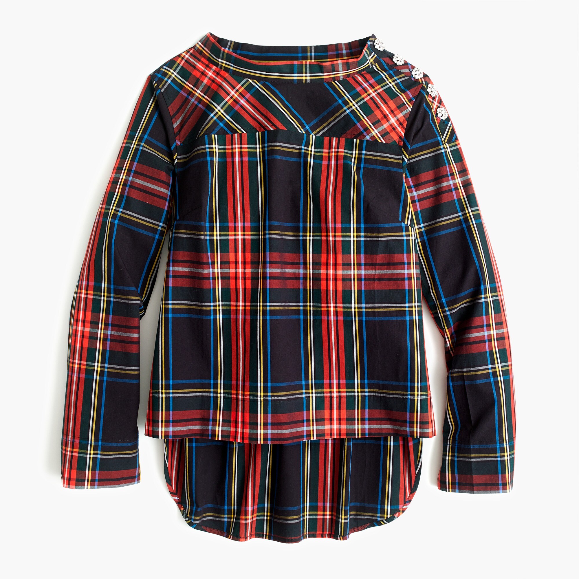 Funnelneck Shirt In Stewart Tartan With Jeweled Buttons For Women