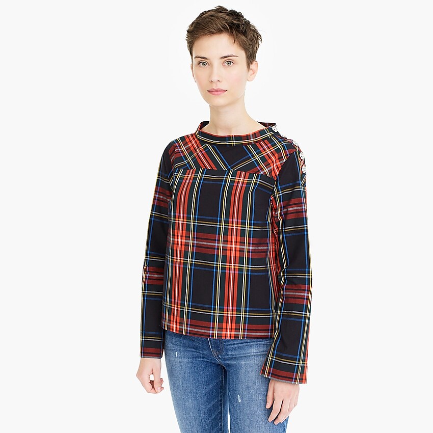 j.crew: funnelneck shirt in stewart tartan with jeweled buttons, right side, view zoomed