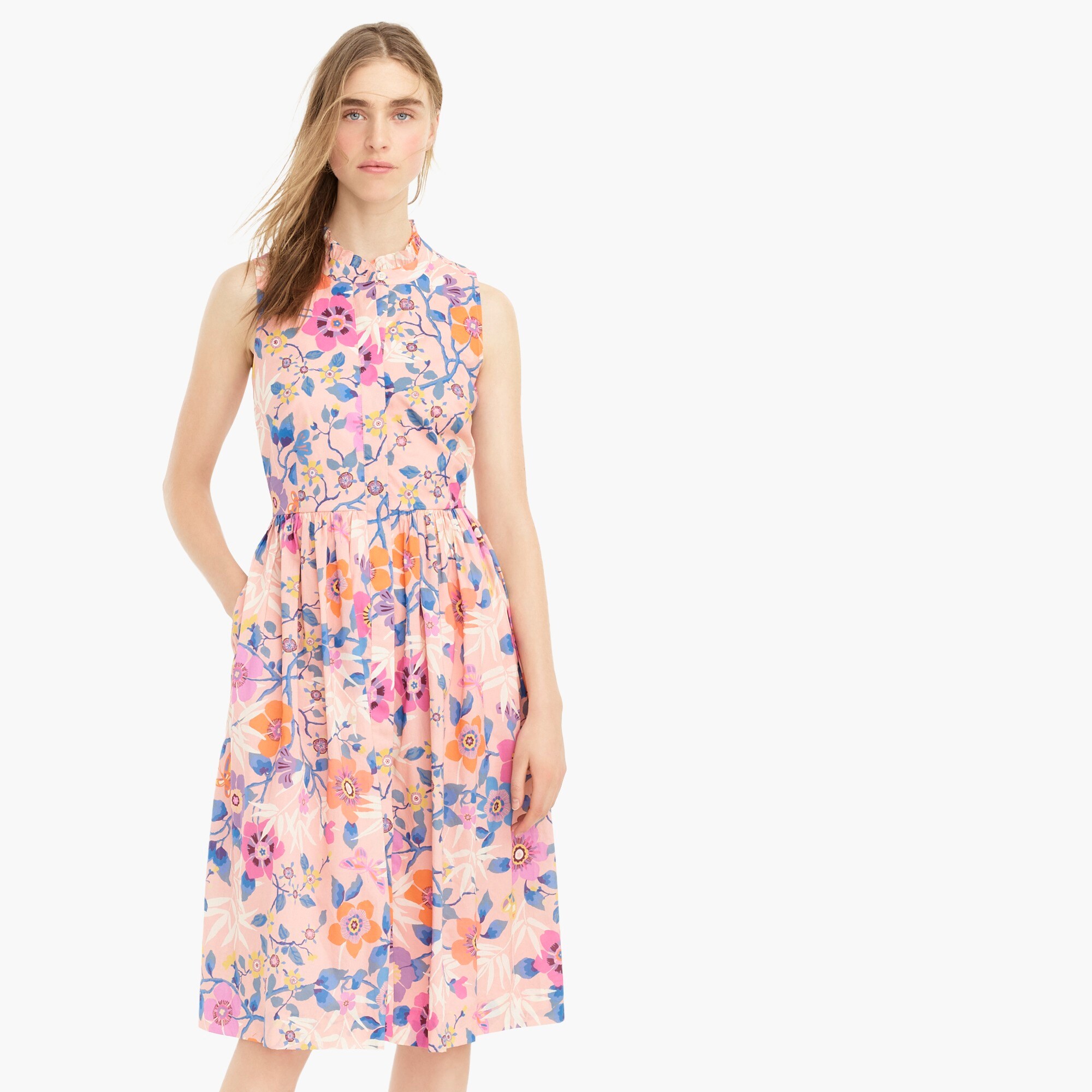 ruffle-neck midi dress in pink floral - women's dresses, right side, view zoomed