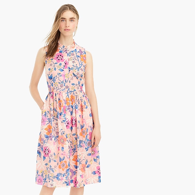 ruffle-neck midi dress in pink floral - women's dresses, right side, view zoomed