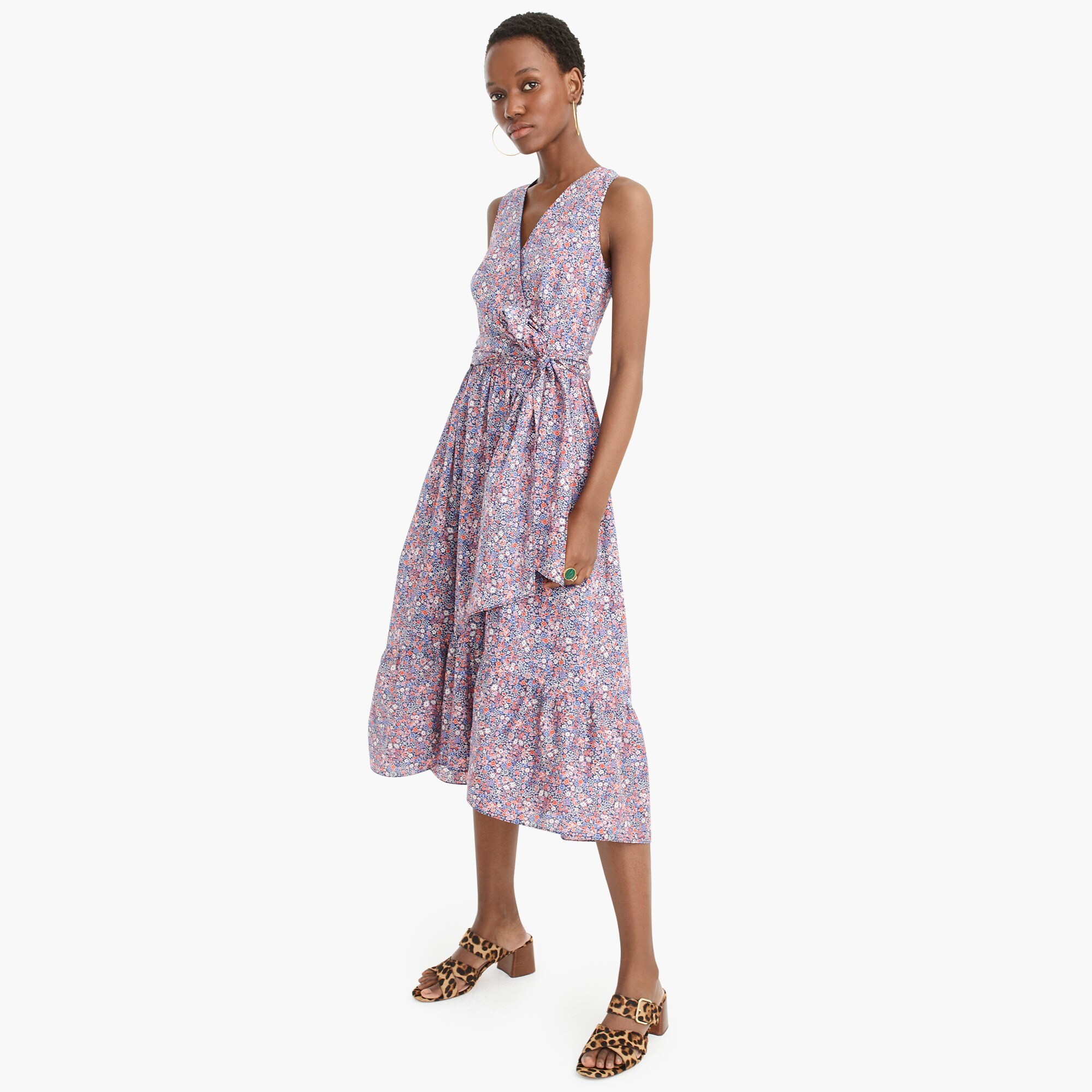 sleeveless faux-wrap deep blue floral dress - women's dresses, right side, view zoomed