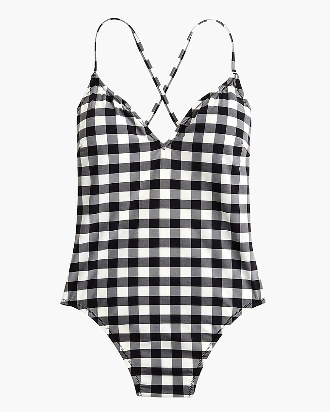 j.crew: lace-up back one-piece swimsuit in oversized matte gingham for women, right side, view zoomed