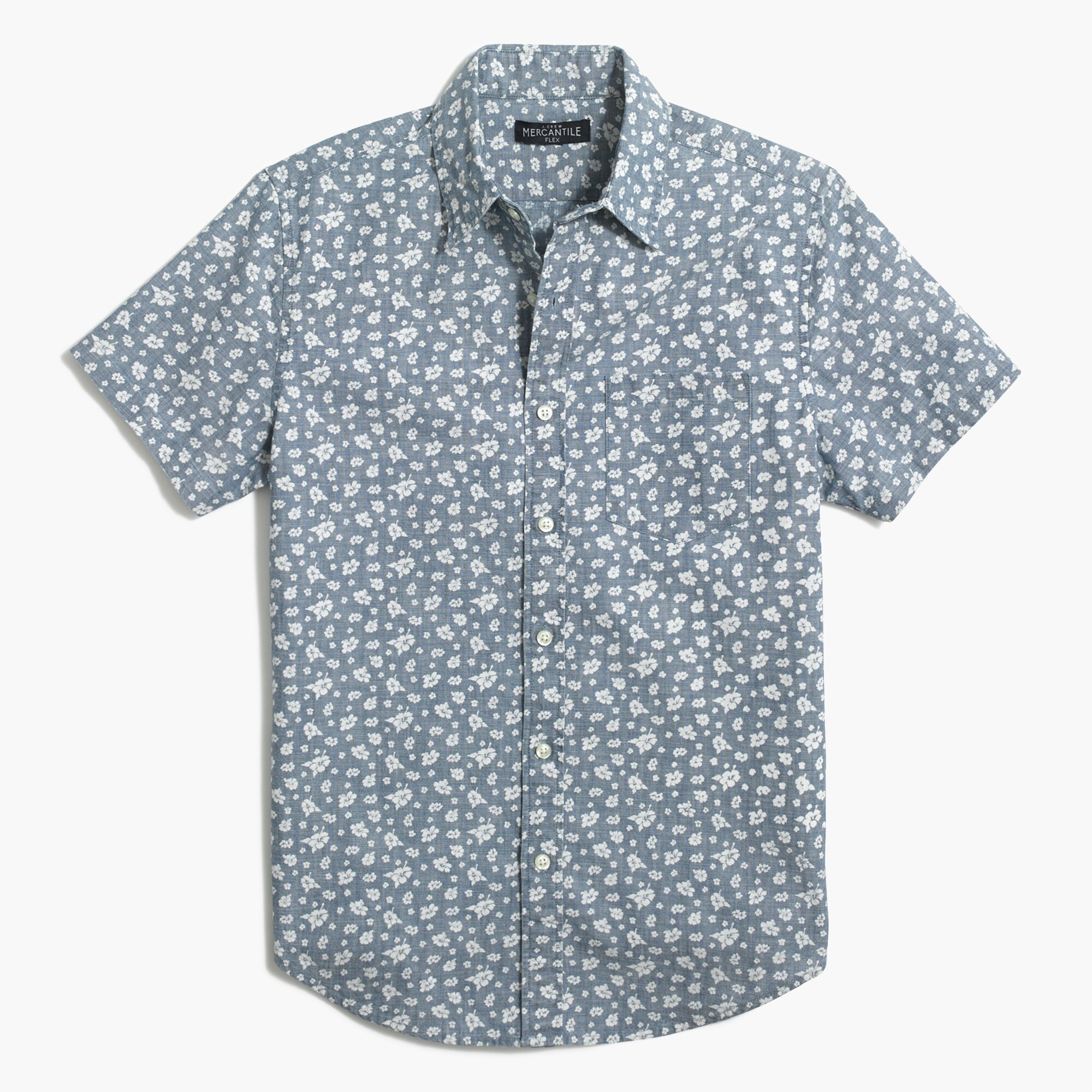 Printed slim casual short sleeve chambray shirt