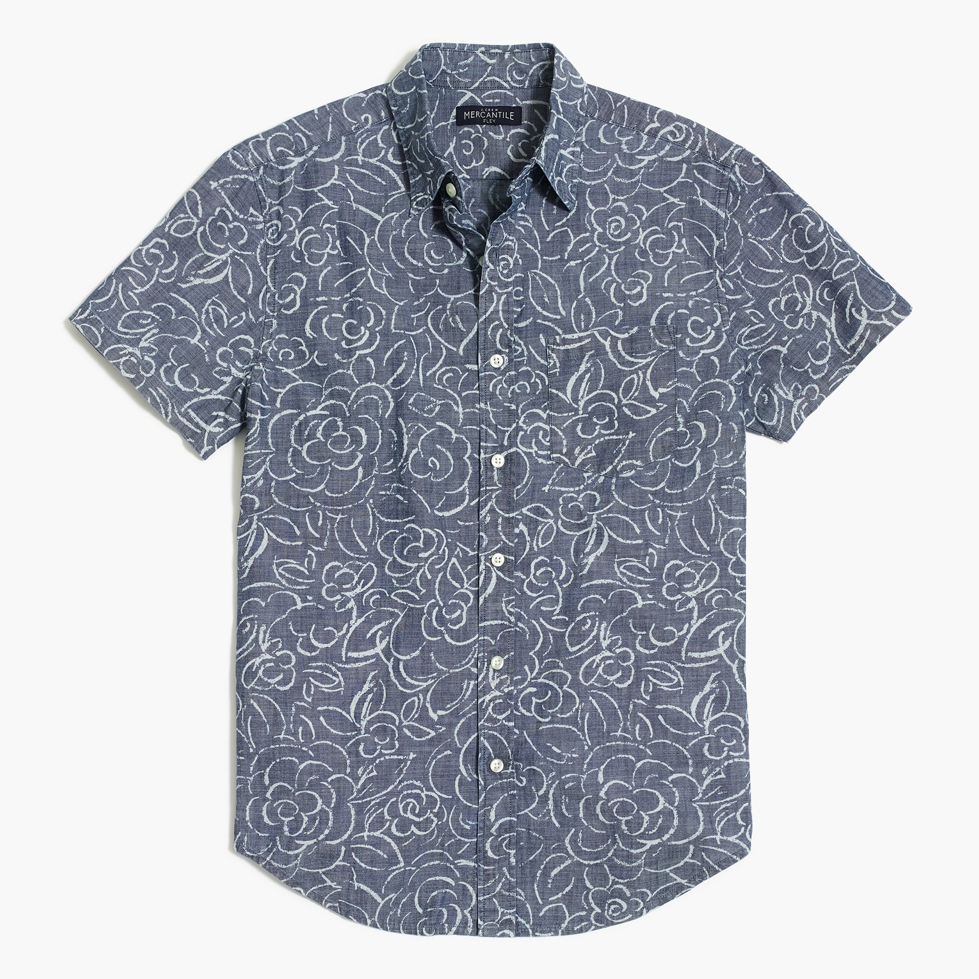 printed slim casual short-sleeve chambray shirt for men