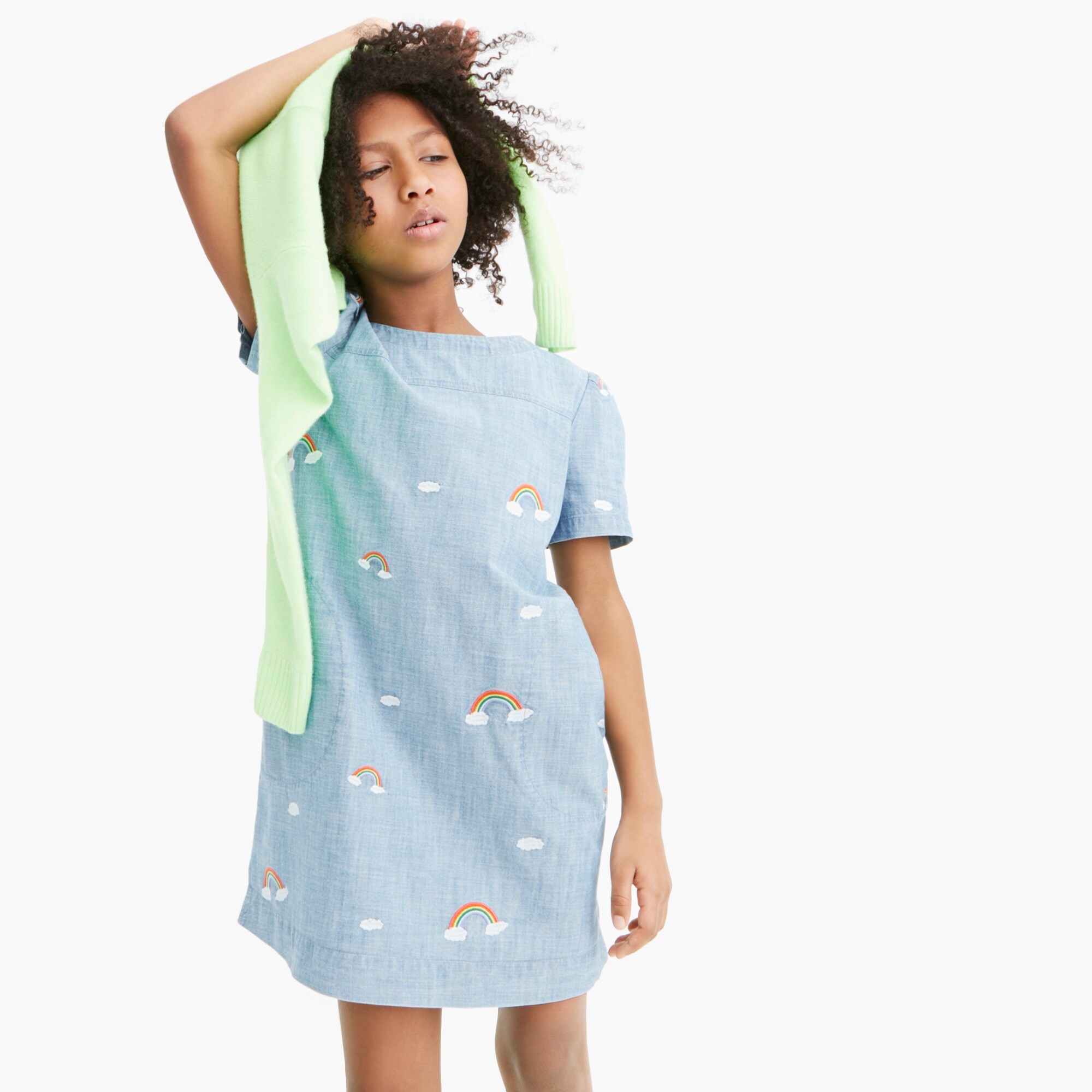  Girls' chambray dress with embroidered rainbows