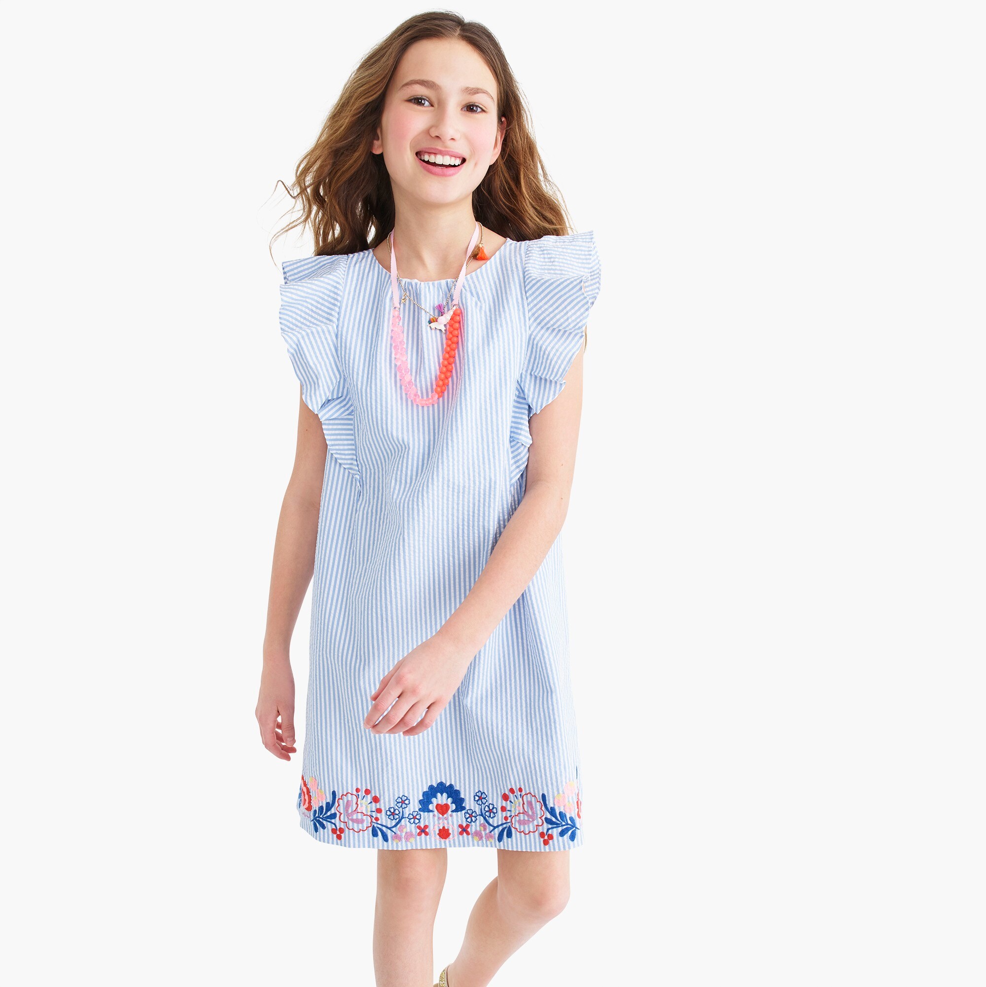  Girls' embroidered dress in seersucker