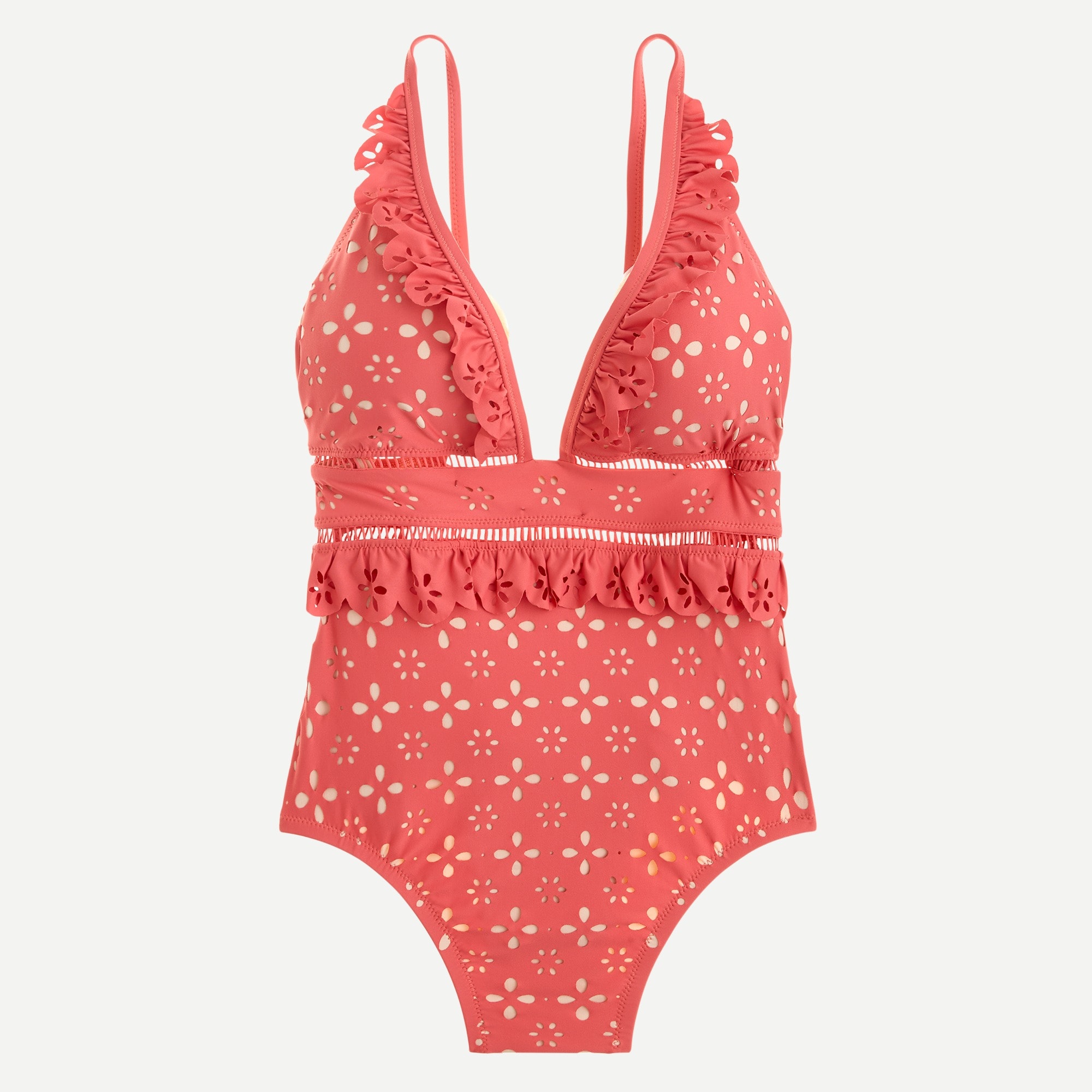 Scalloped ruffle plunging one-piece swimsuit in laser-cut eyelet